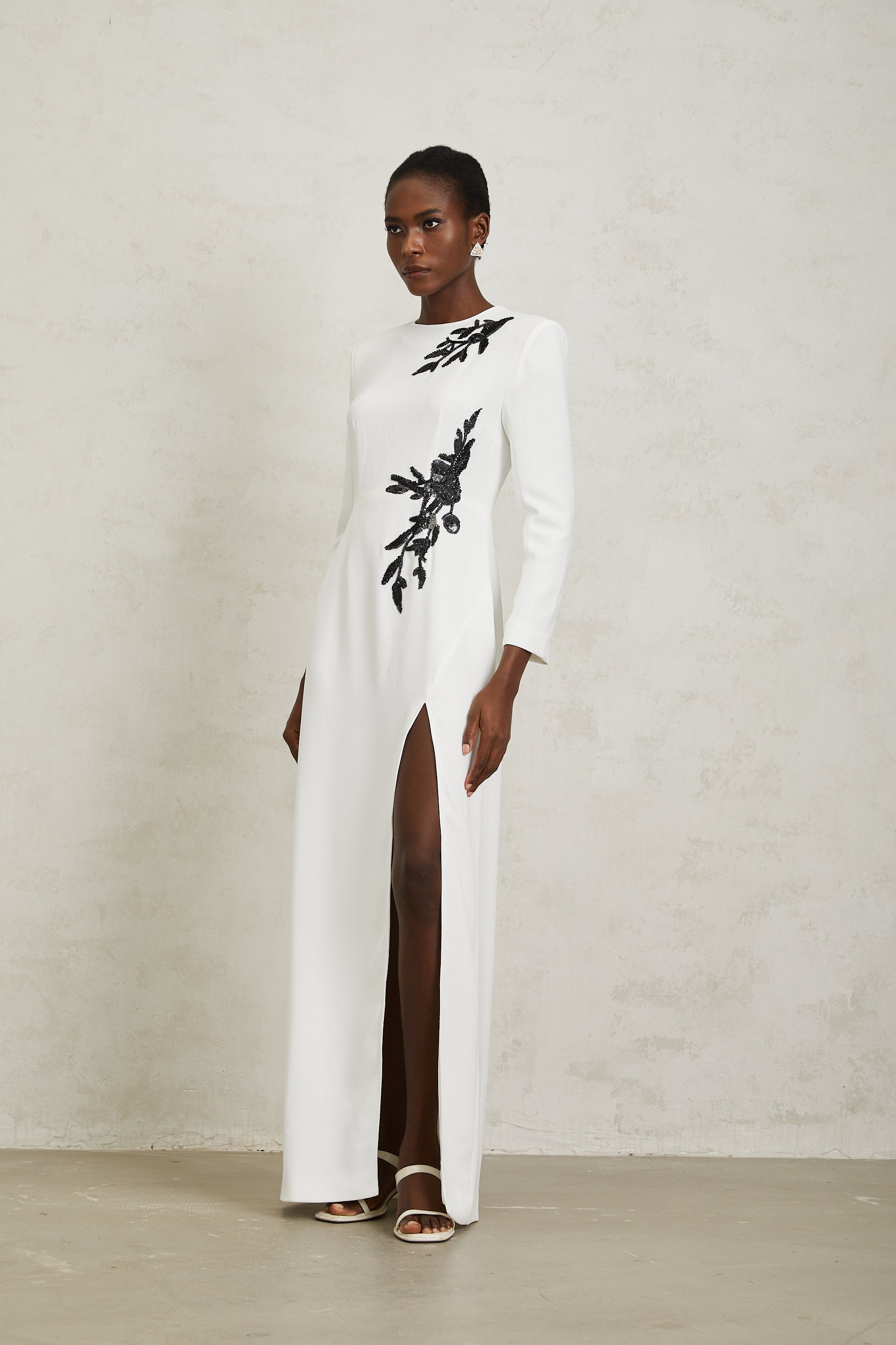 Vanessa White Beaded Floral Appliqué Maxi Dress