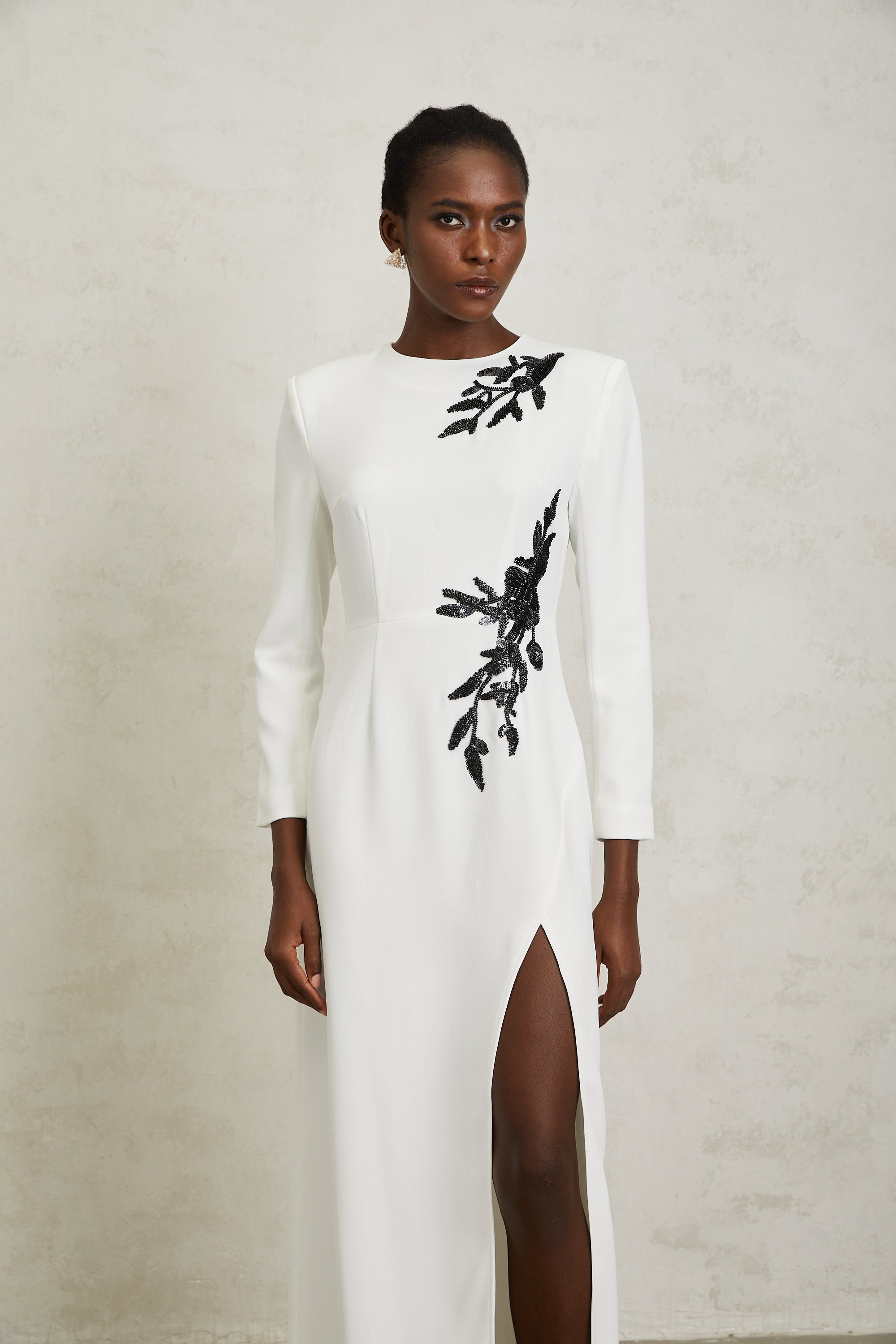 Vanessa White Beaded Floral Appliqué Maxi Dress