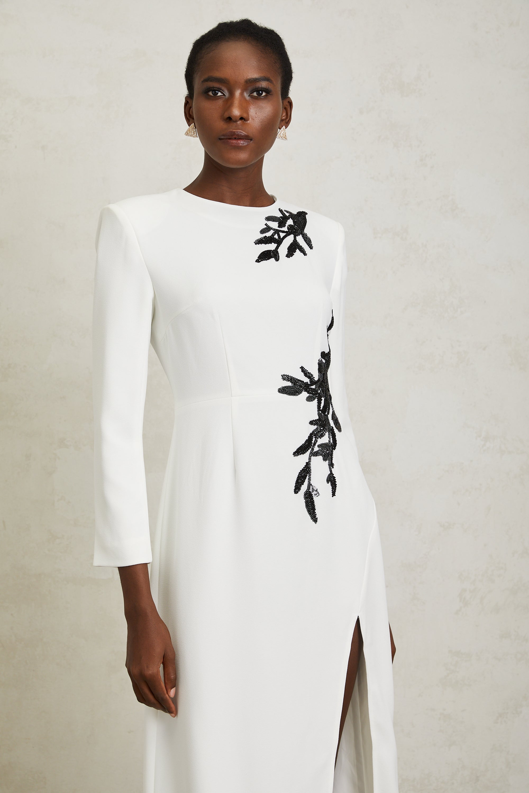 Vanessa White Beaded Floral Appliqué Maxi Dress