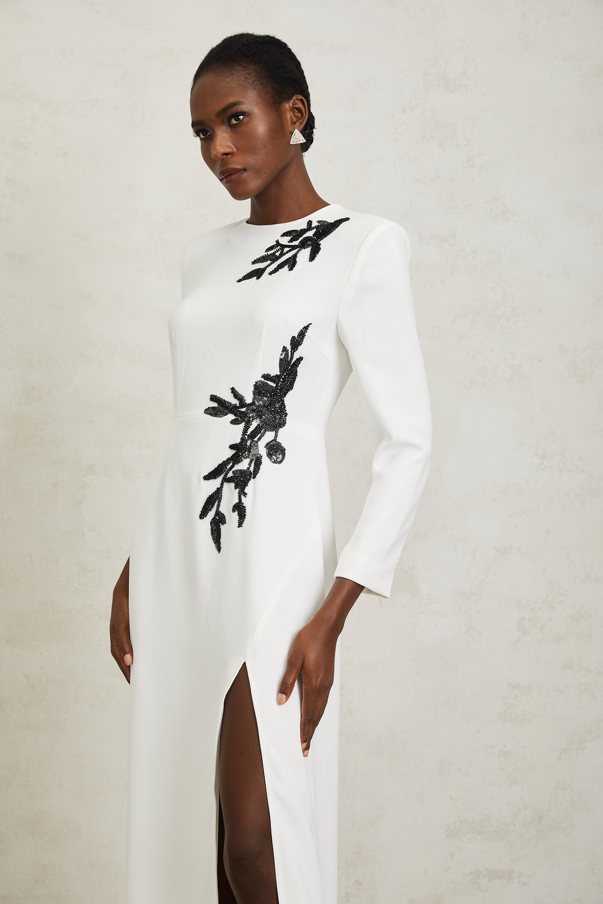 Vanessa White Beaded Floral Appliqué Maxi Dress