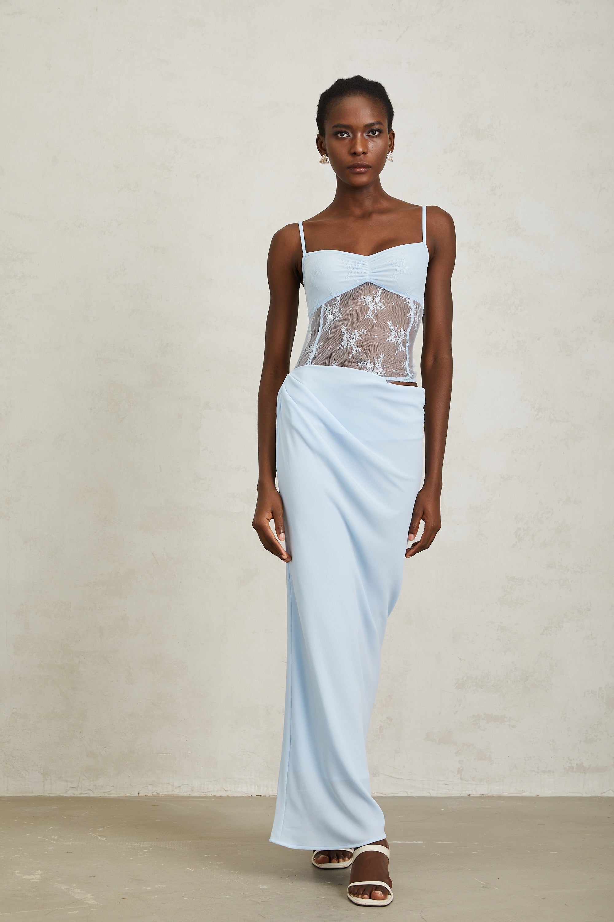 Maëlys Blue Floral Lace Panel Bustier Maxi Dress