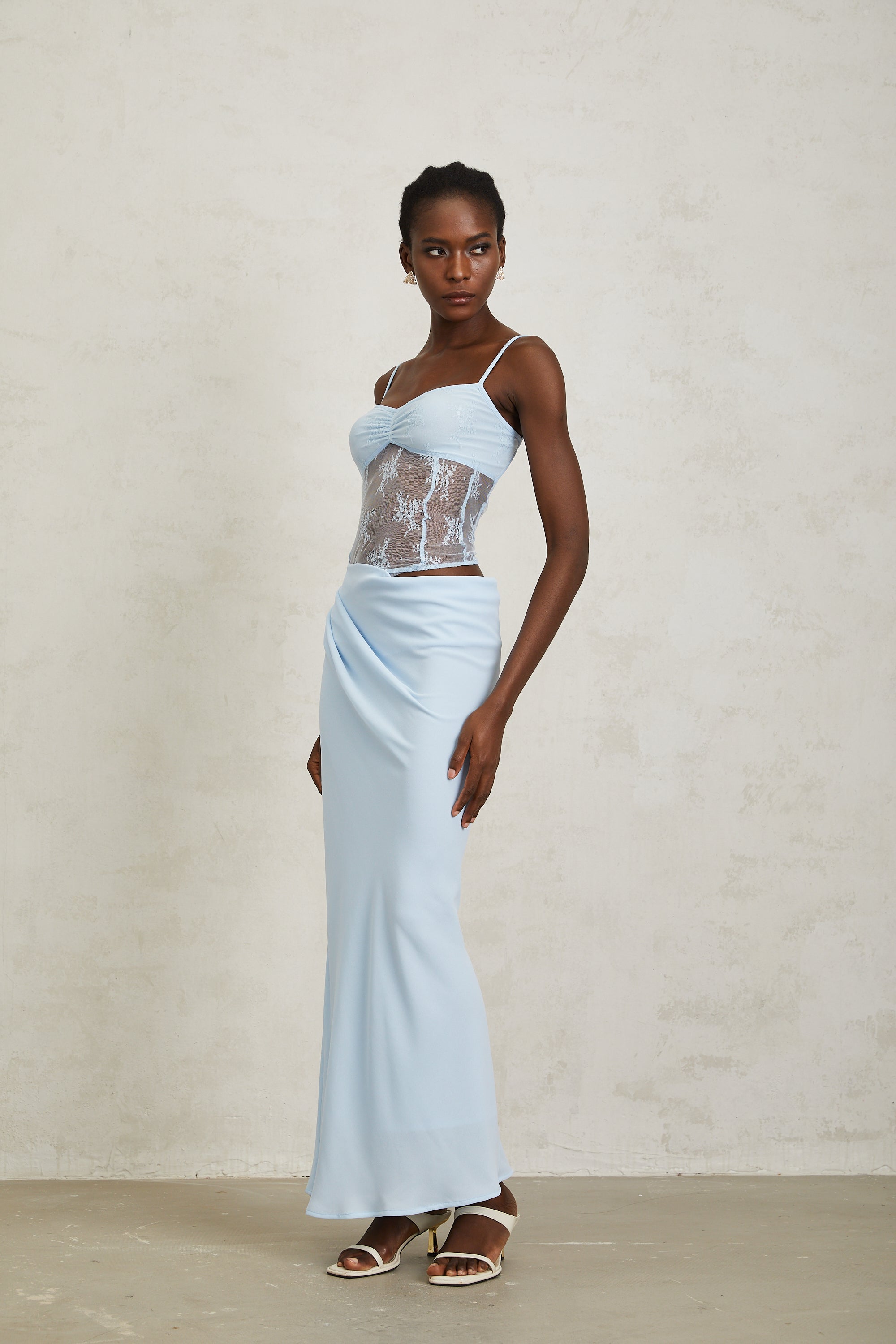 Maëlys Blue Floral Lace Panel Bustier Maxi Dress