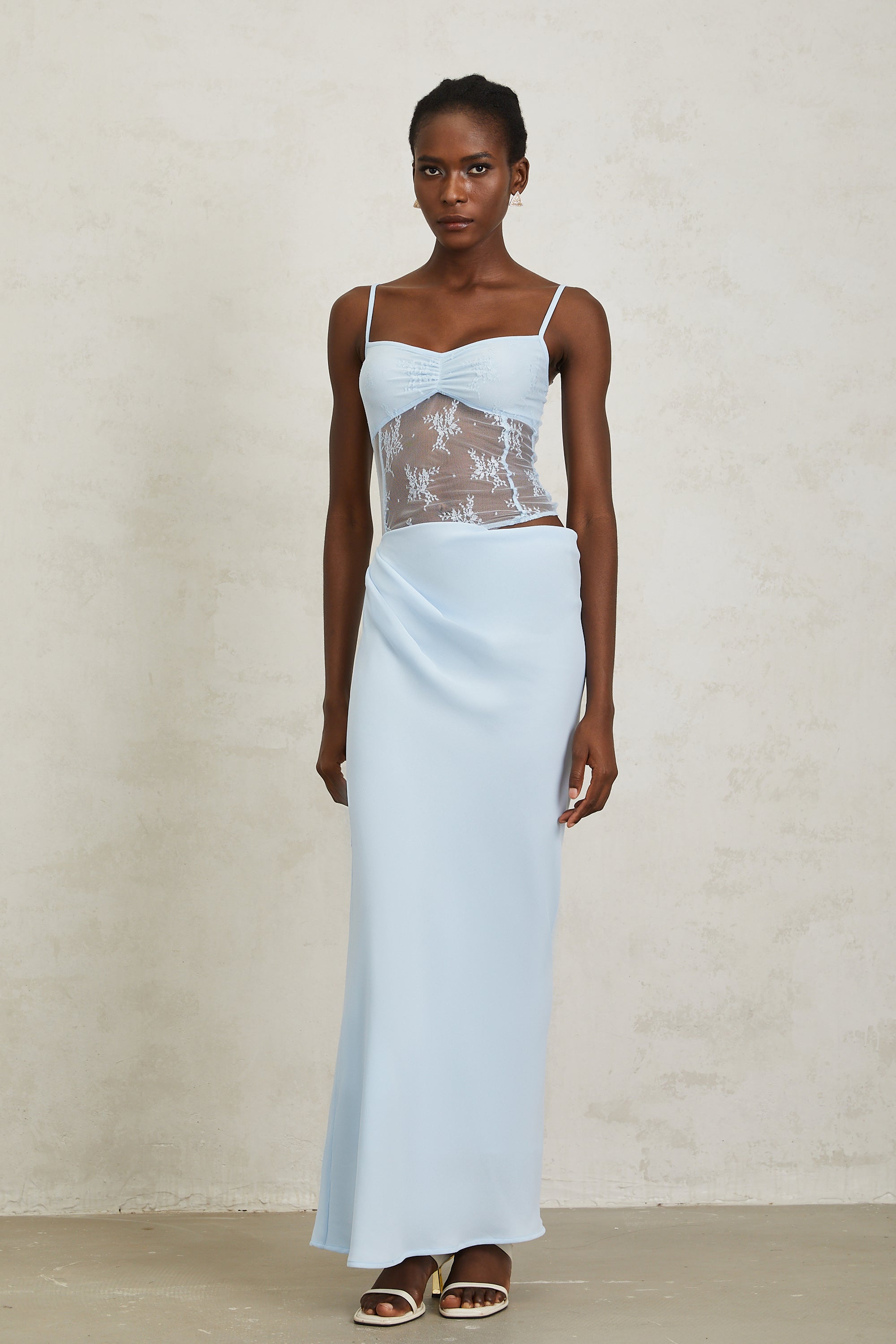 Maëlys Blue Floral Lace Panel Bustier Maxi Dress