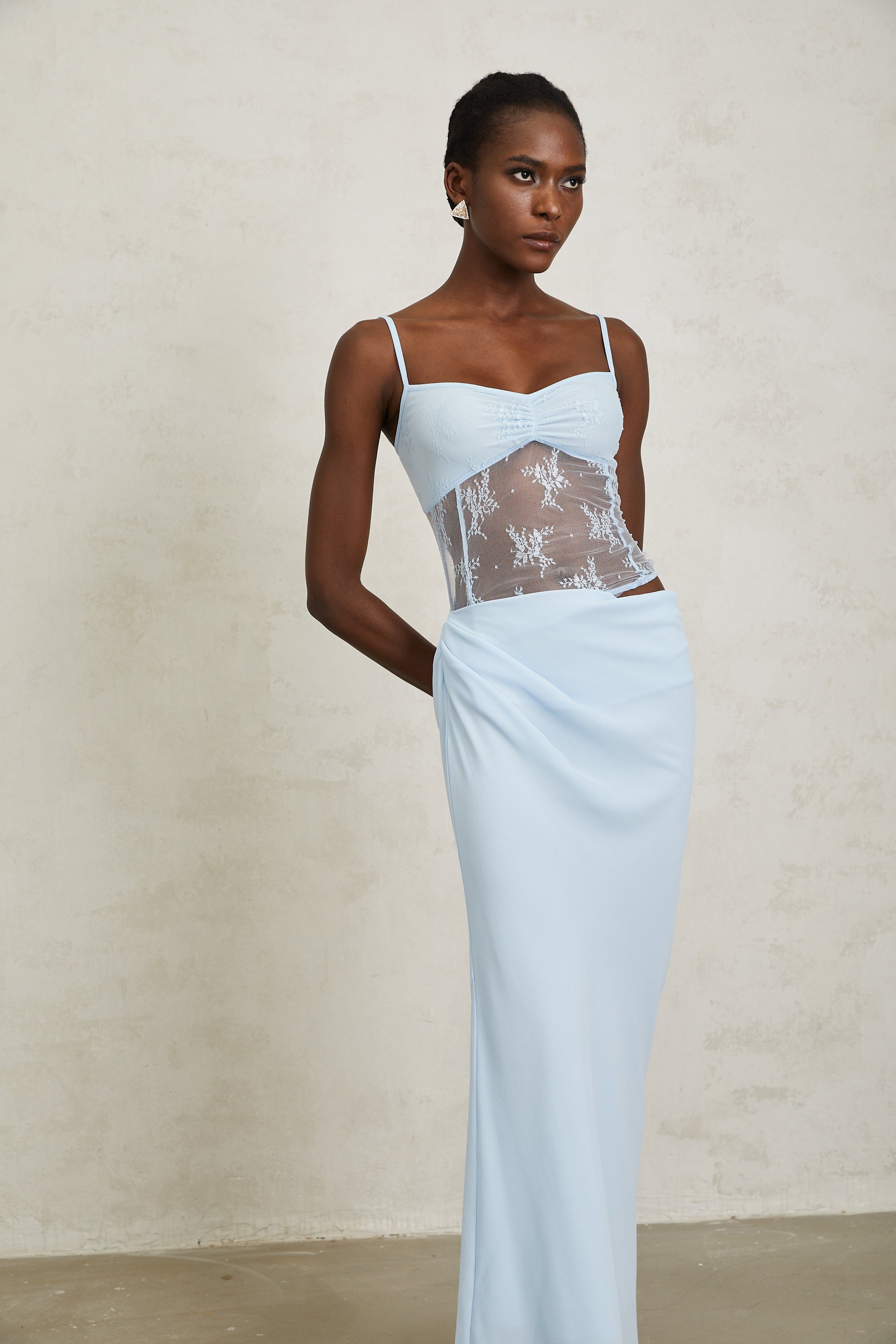 Maëlys Blue Floral Lace Panel Bustier Maxi Dress