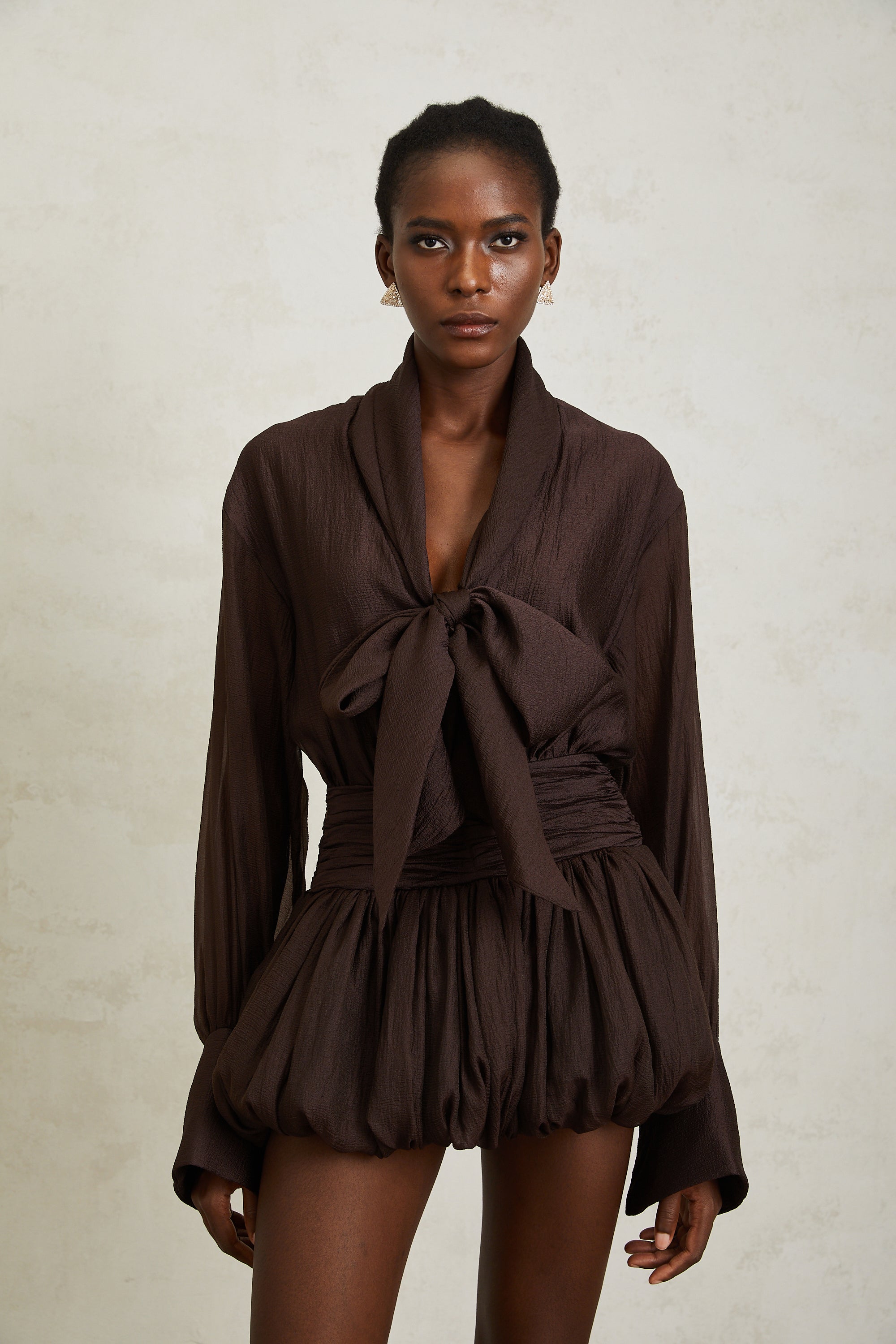 Isabella Brown Ribbon Tie Neck Mini Dress