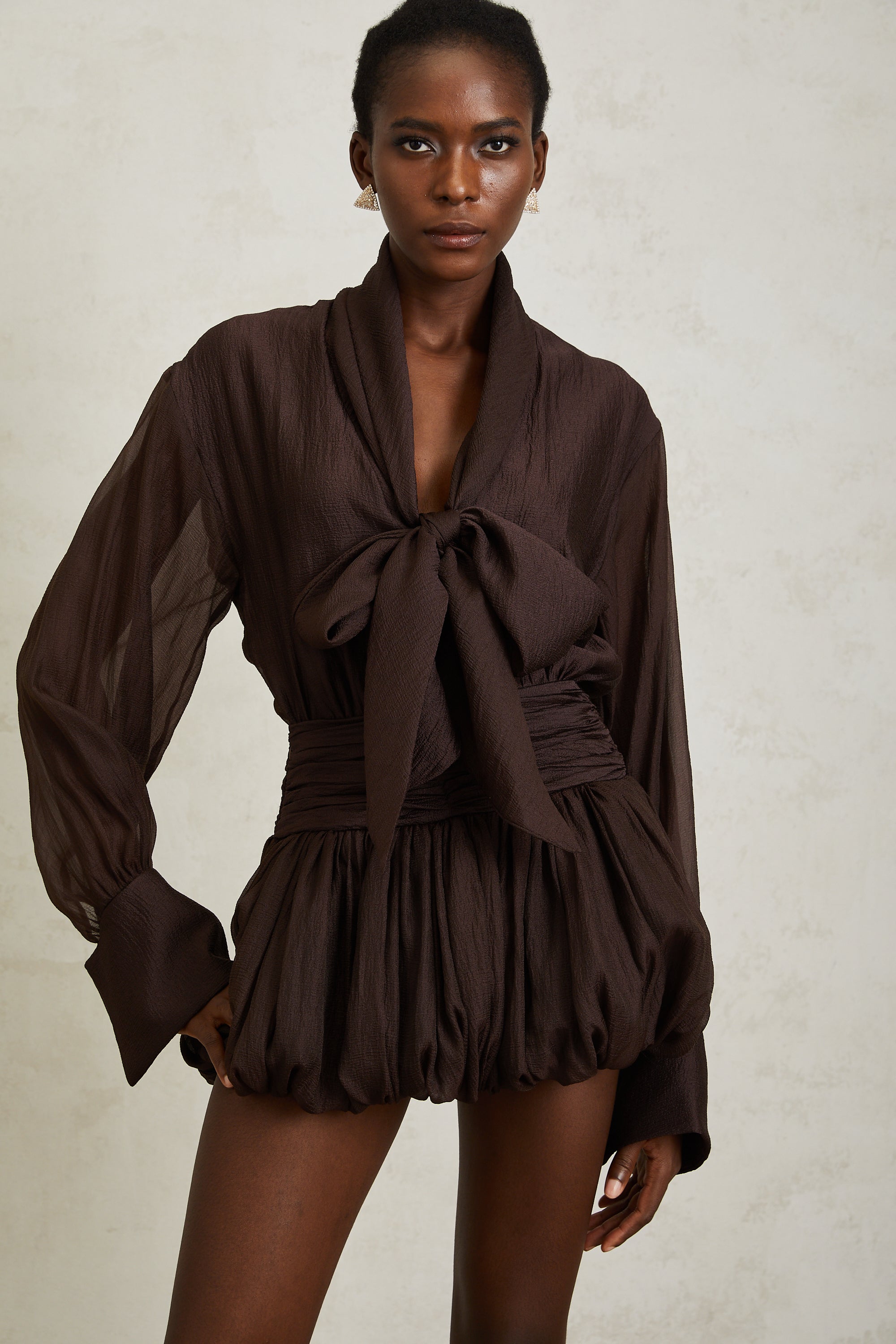 Isabella Brown Ribbon Tie Neck Mini Dress