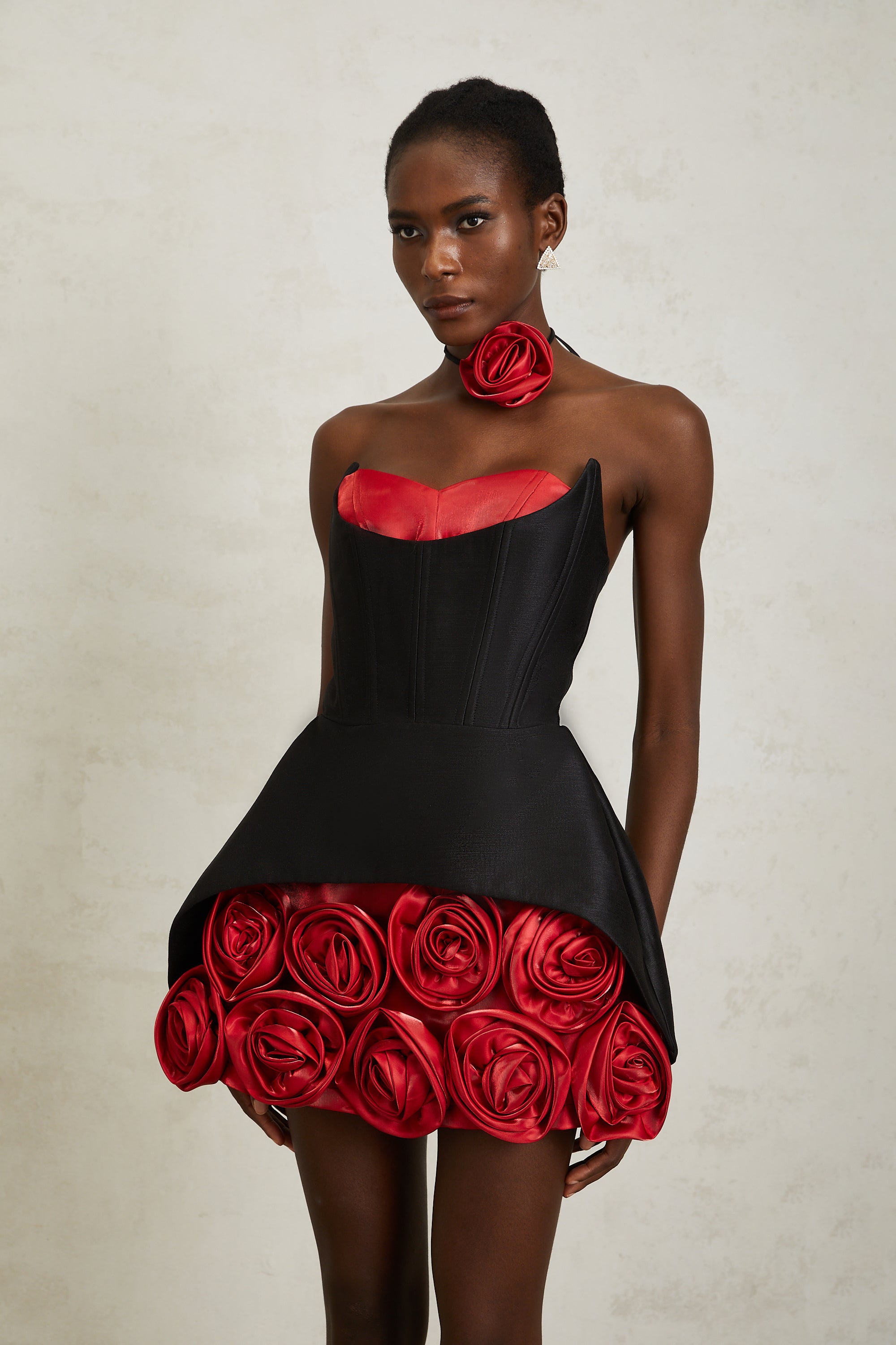 Joaquina Black Rose Appliqué Corset Mini Dress