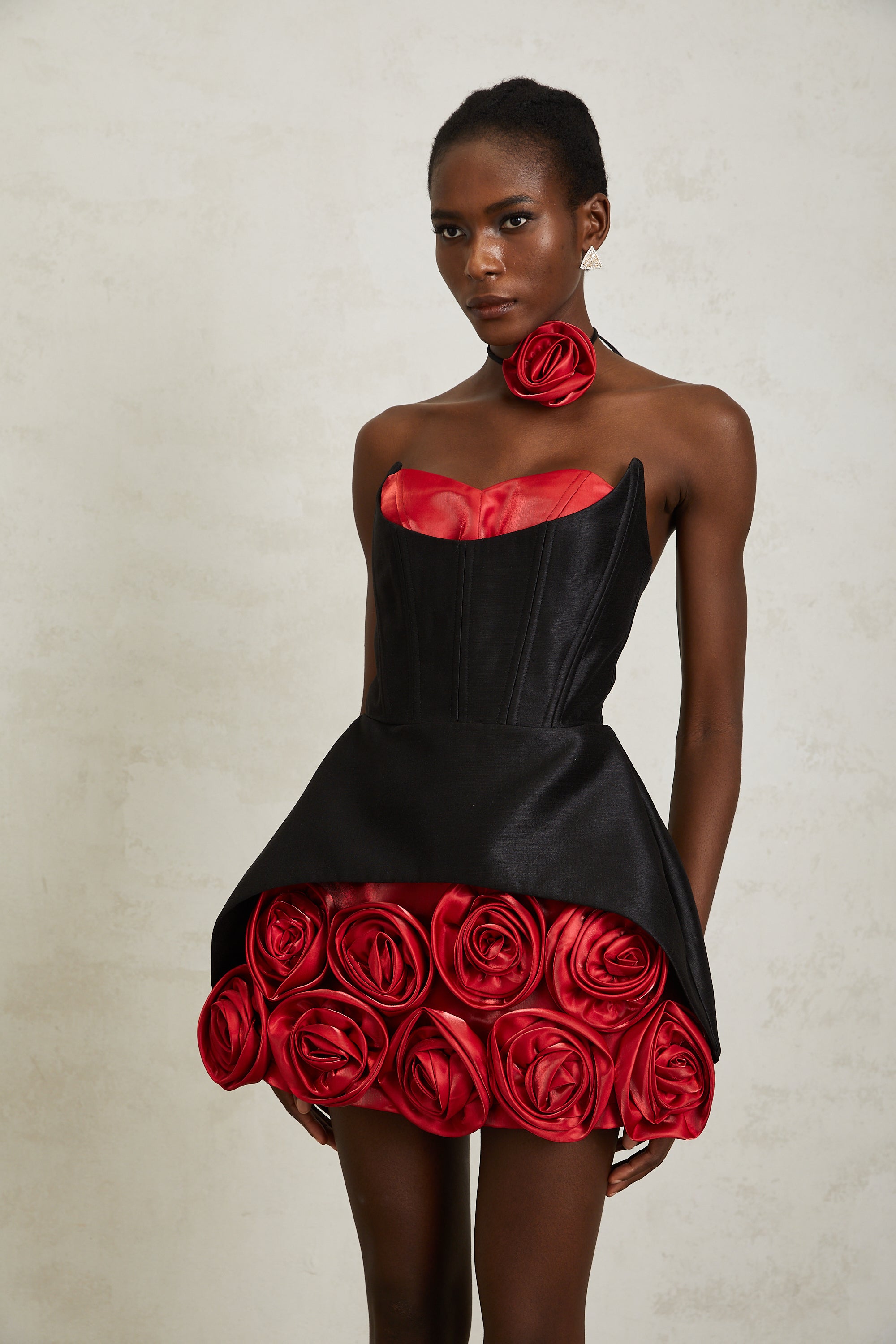 Joaquina Black Rose Appliqué Corset Mini Dress