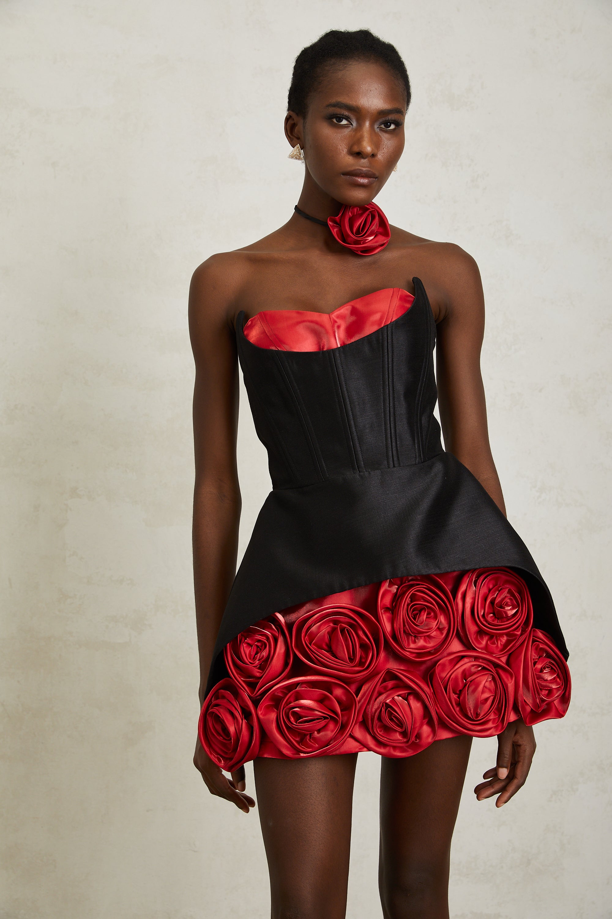 Joaquina Black Rose Appliqué Corset Mini Dress