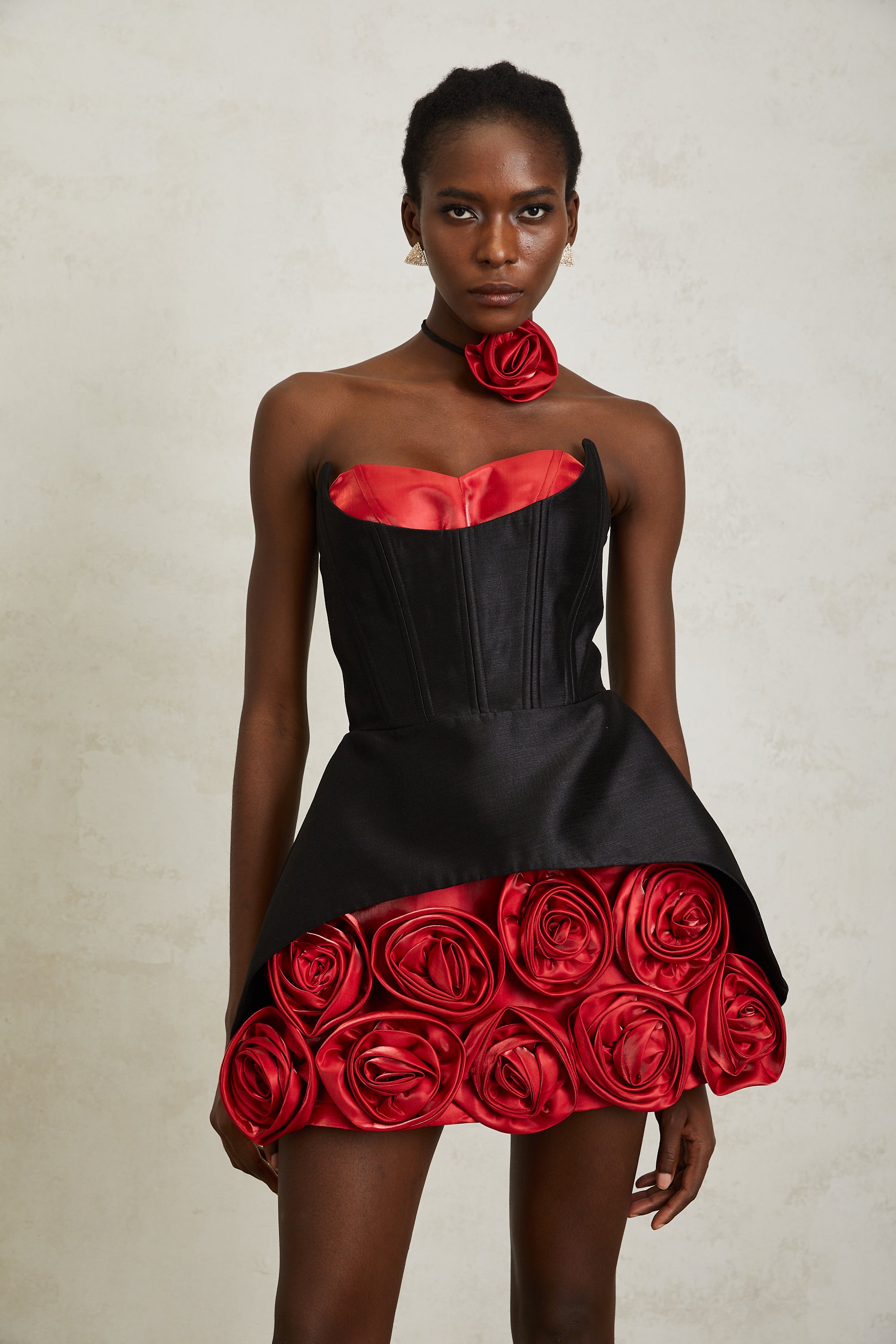 Joaquina Black Rose Appliqué Corset Mini Dress