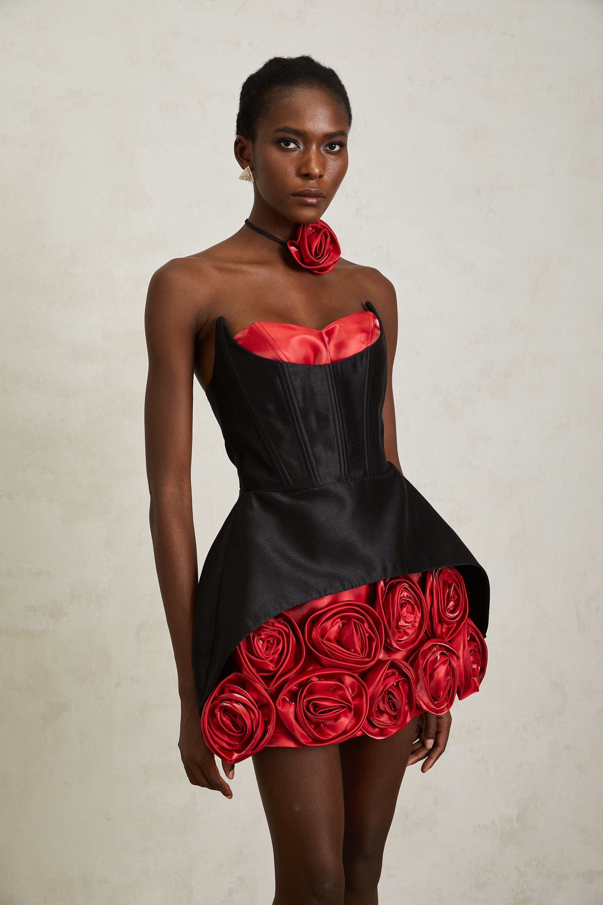 Joaquina Black Rose Appliqué Corset Mini Dress