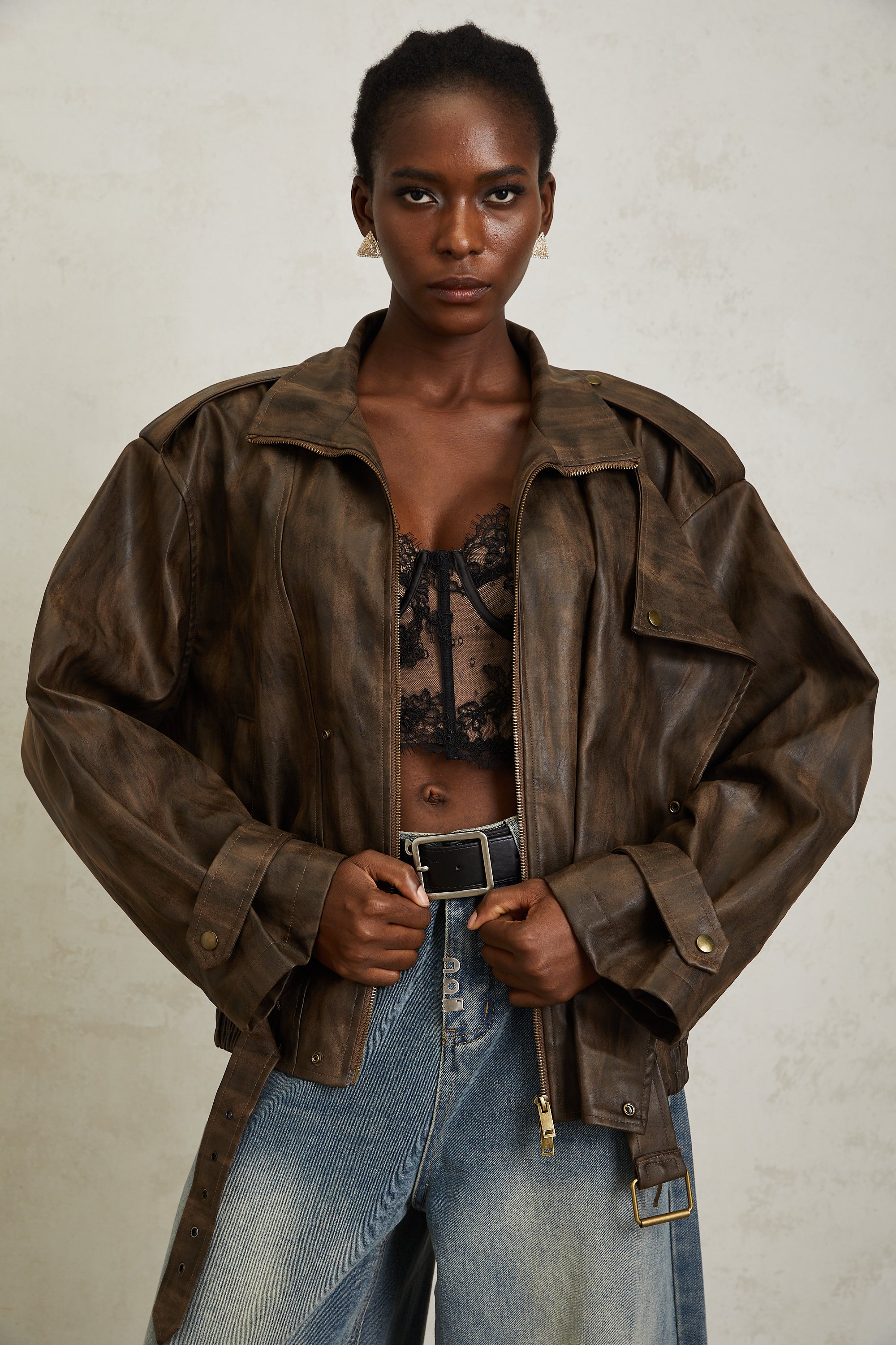 Manon Brown Tie-Dye Leder-Bikerjacke (Endgültiger Verkauf – nur in den USA)