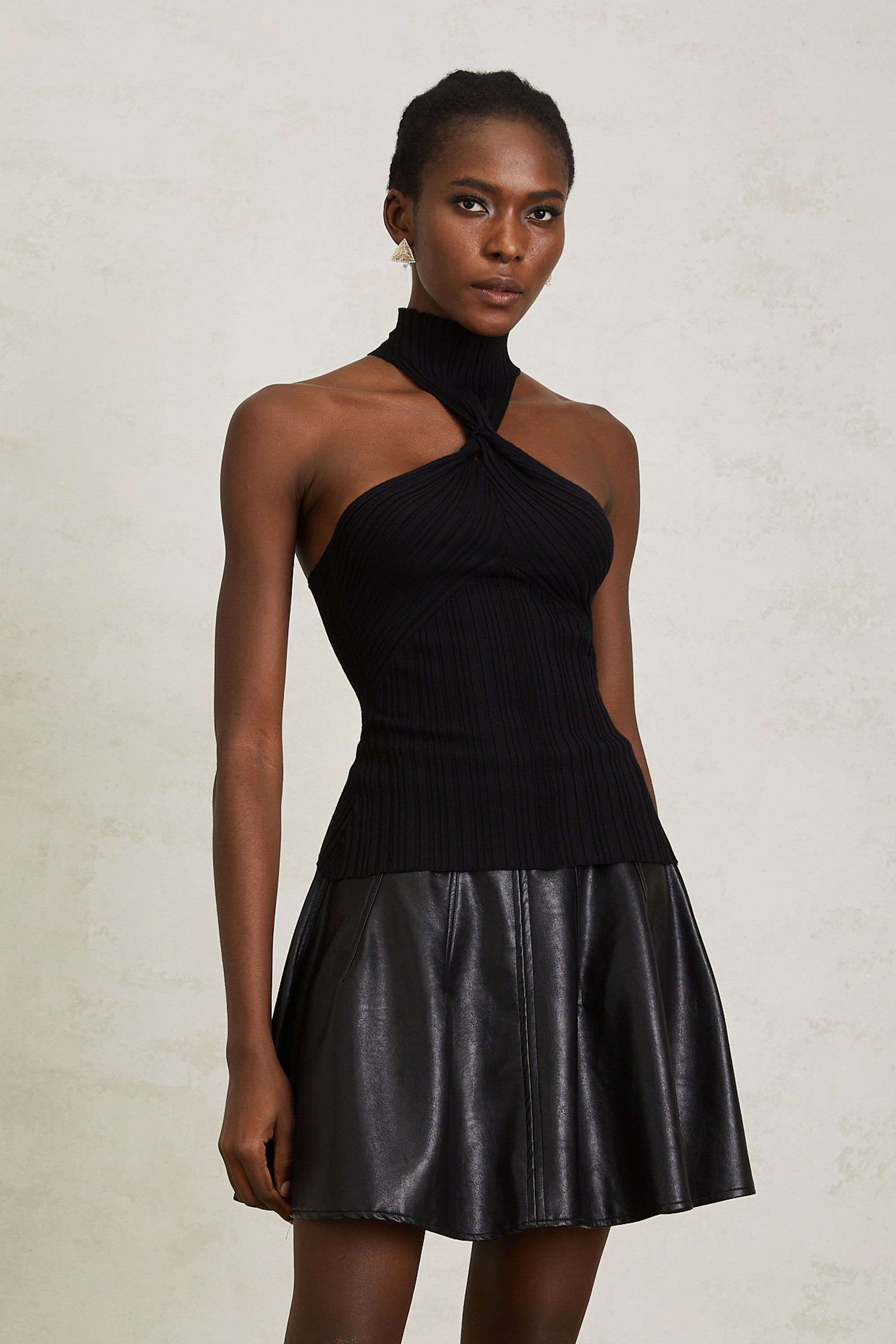 Gabrielle Black Halterneck Ribbed Knit Top