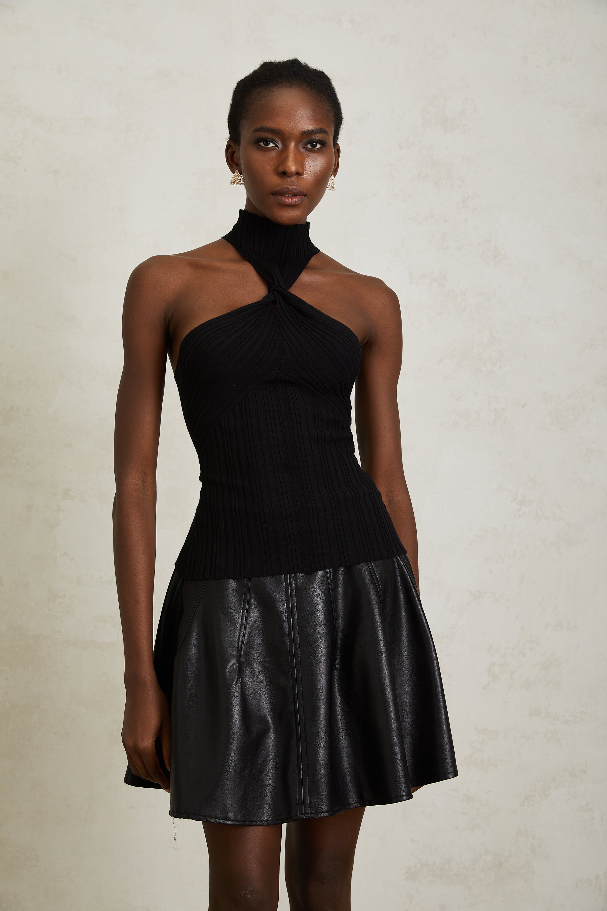 Gabrielle Black Halterneck Ribbed Knit Top