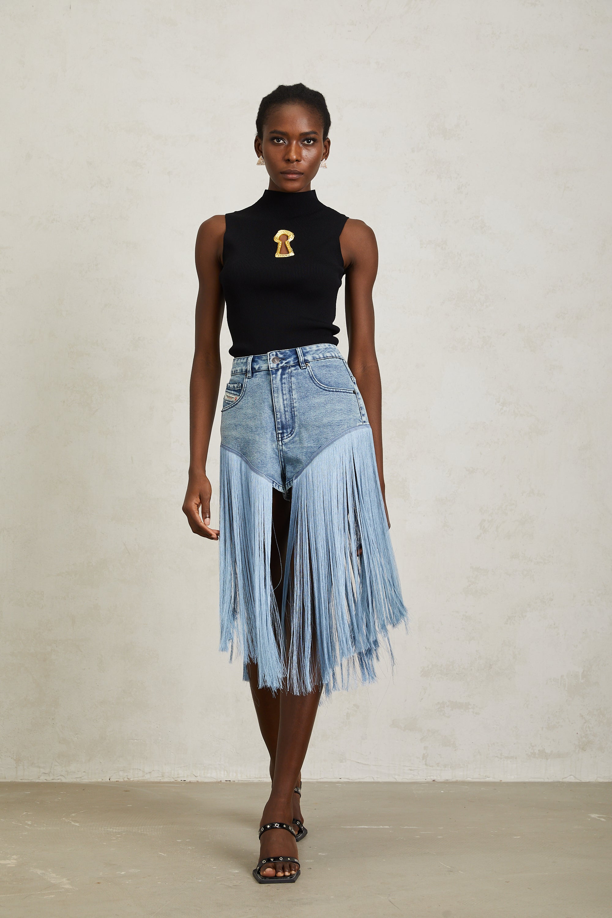 Martina Blue Fringed Panel Denim Shorts