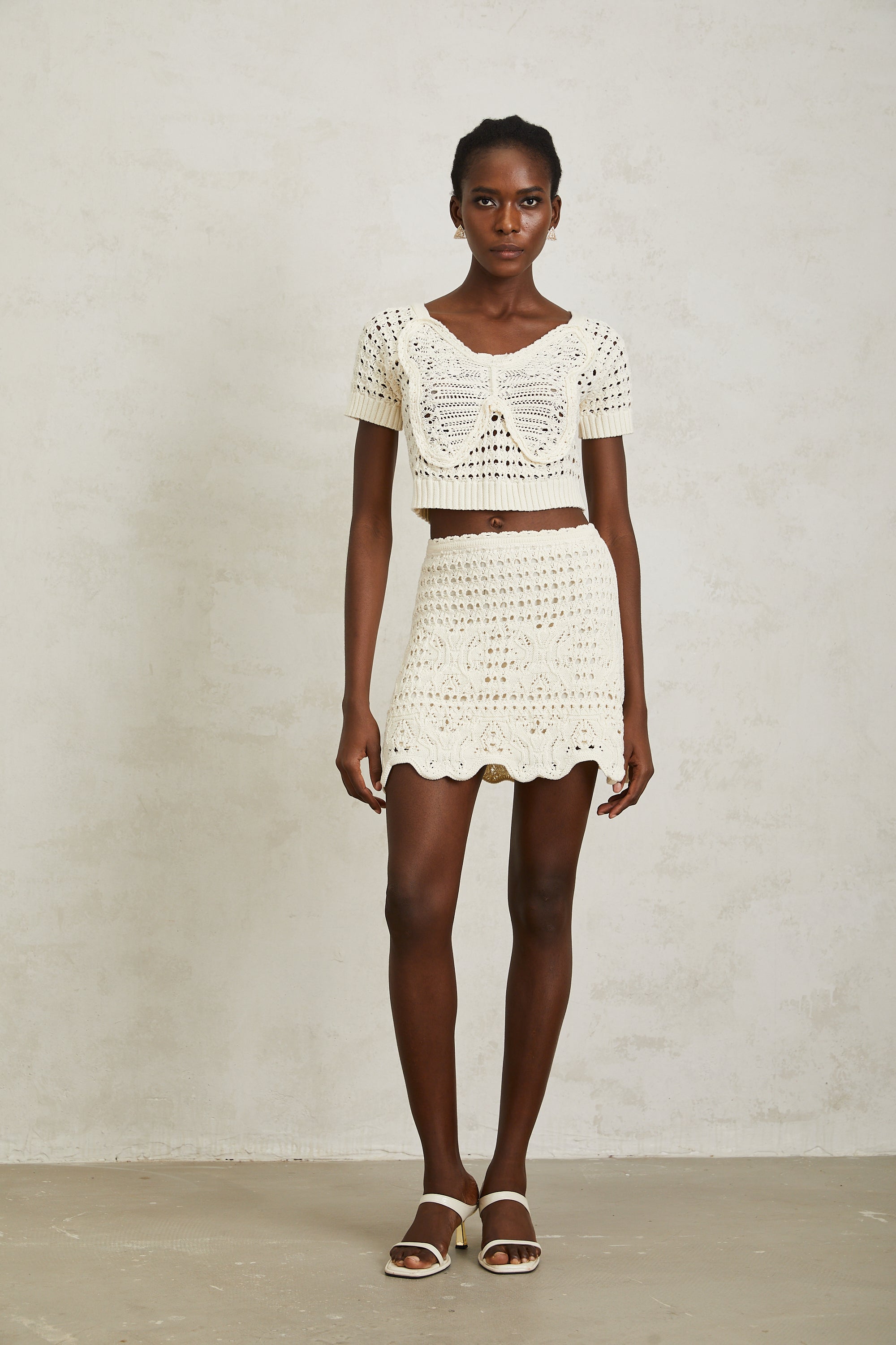 Bérénice Cream White Crochet Knit Mini Skirt