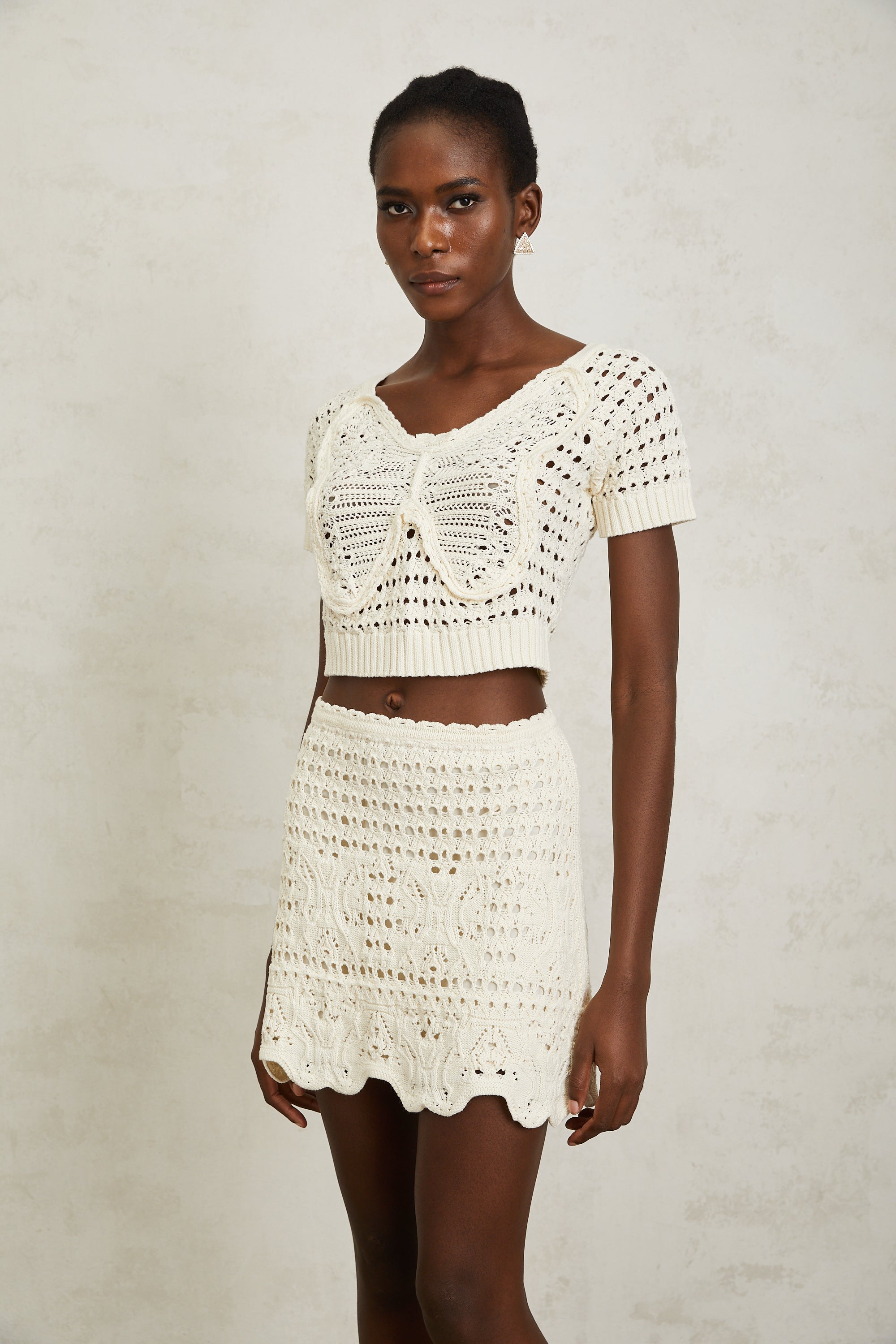 Bérénice Cream White Crochet Knit Mini Skirt