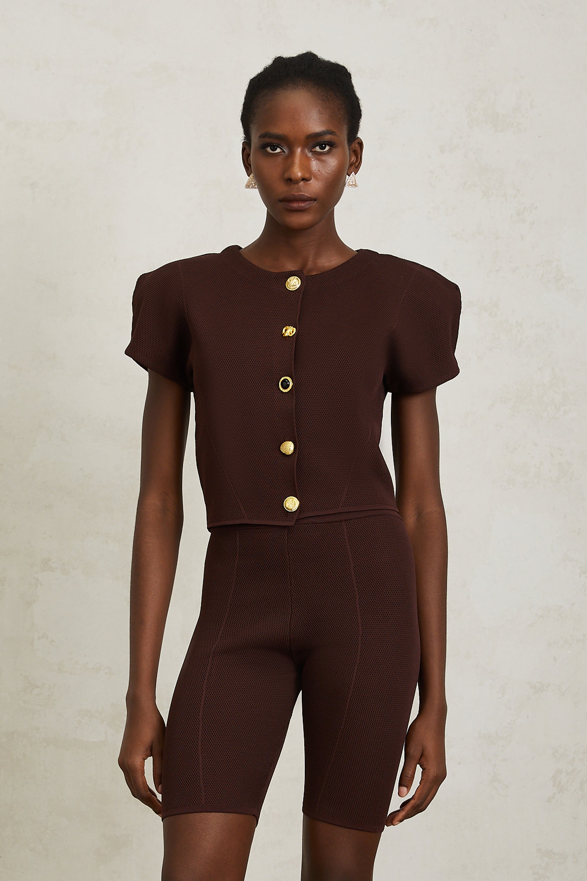 Hélène Brown Textured Knit Top & Shorts Set