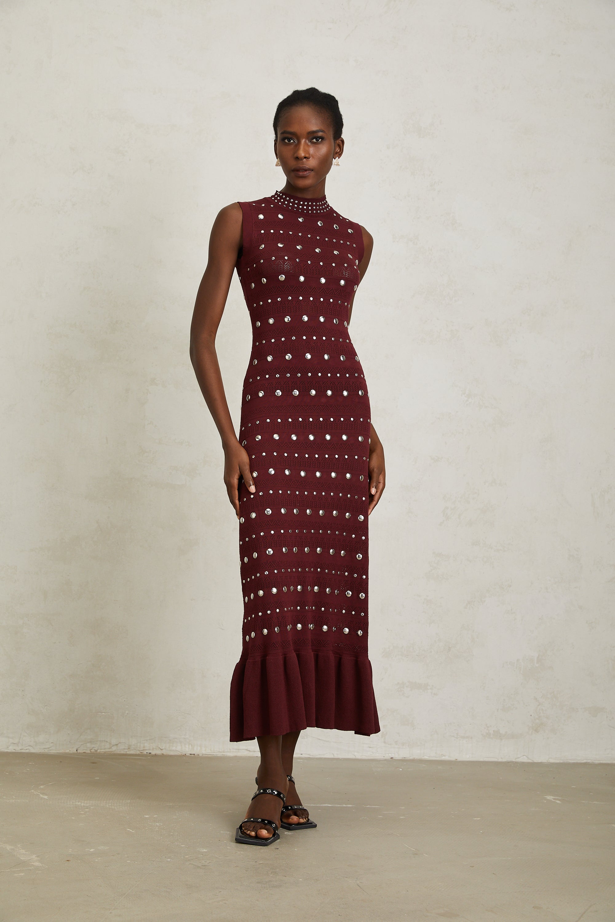Chloé Red Studded Crochet Knit Maxi Dress