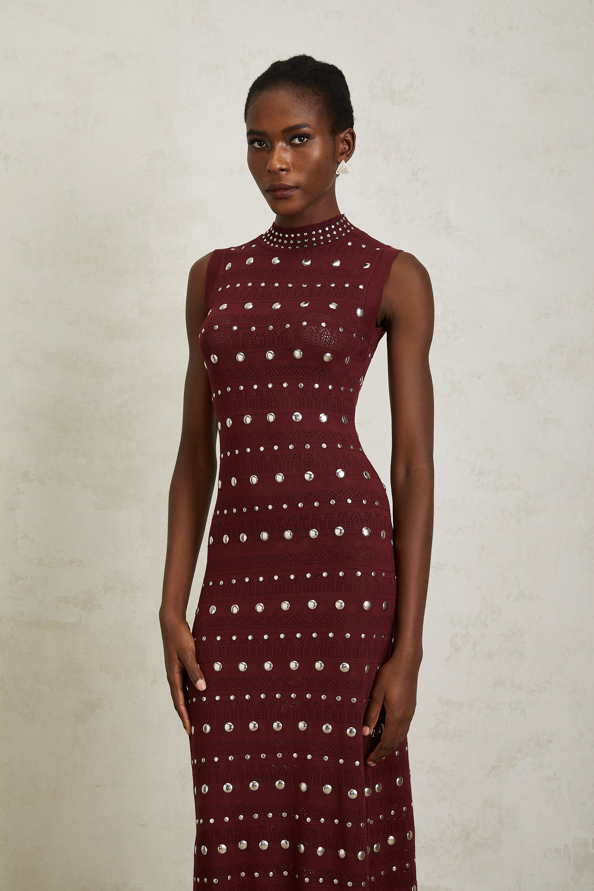 Chloé Red Studded Crochet Knit Maxi Dress