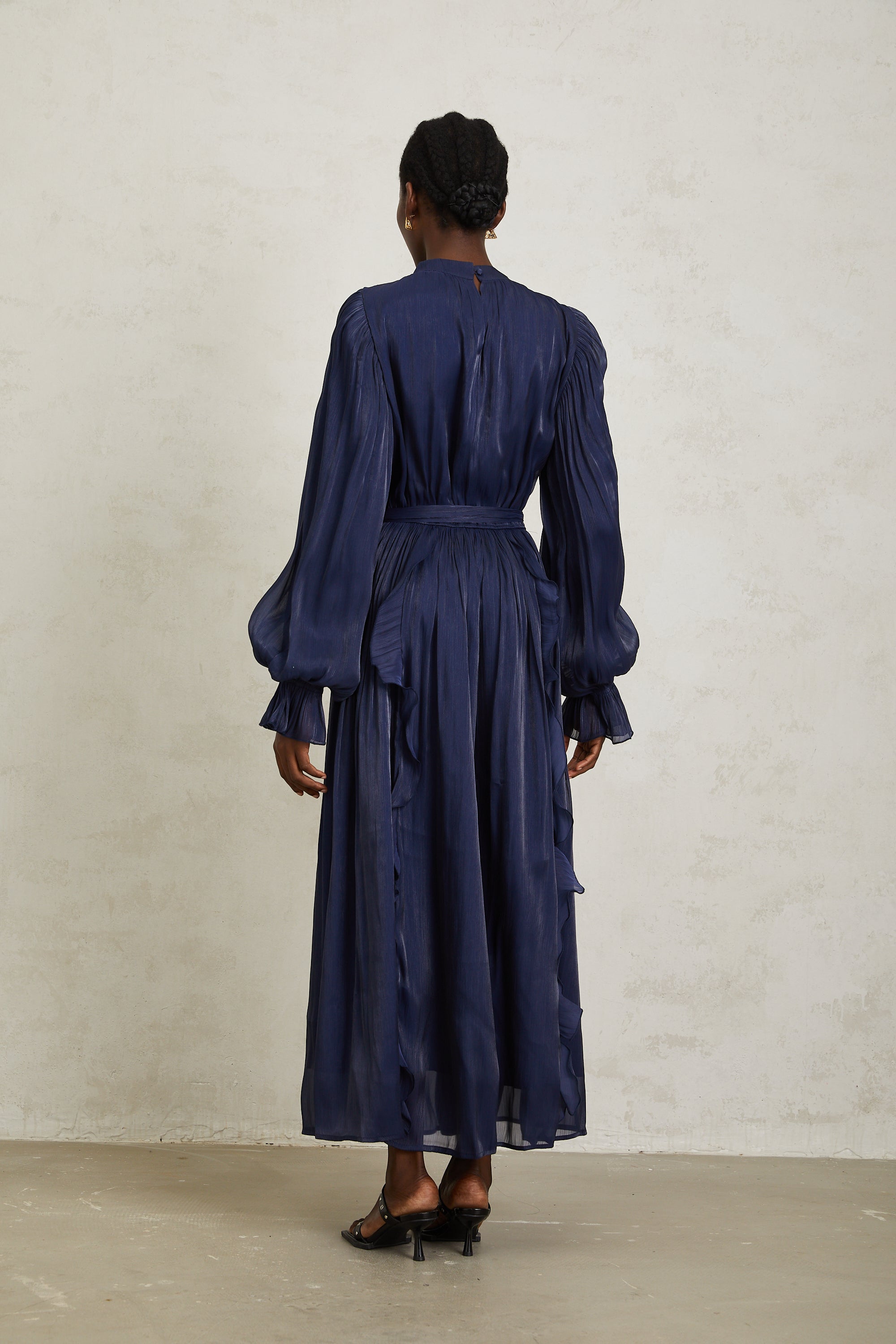 Nanette Dark Blue Glossy Pleated Maxi Dress