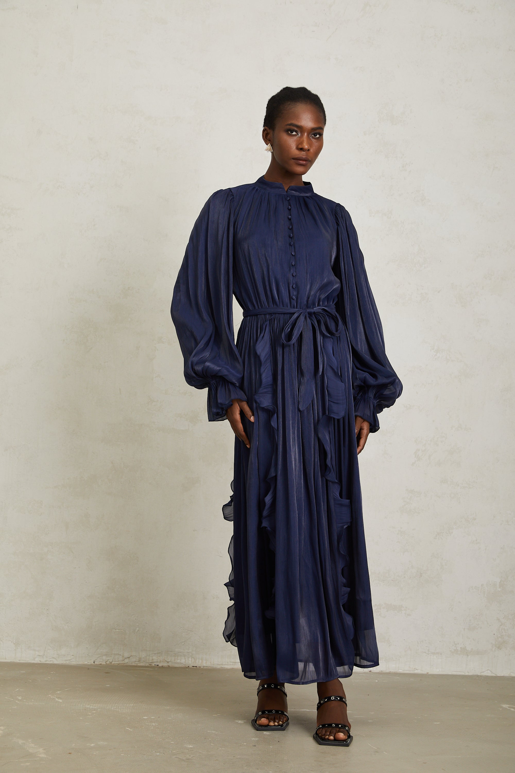 Nanette Dark Blue Glossy Pleated Maxi Dress