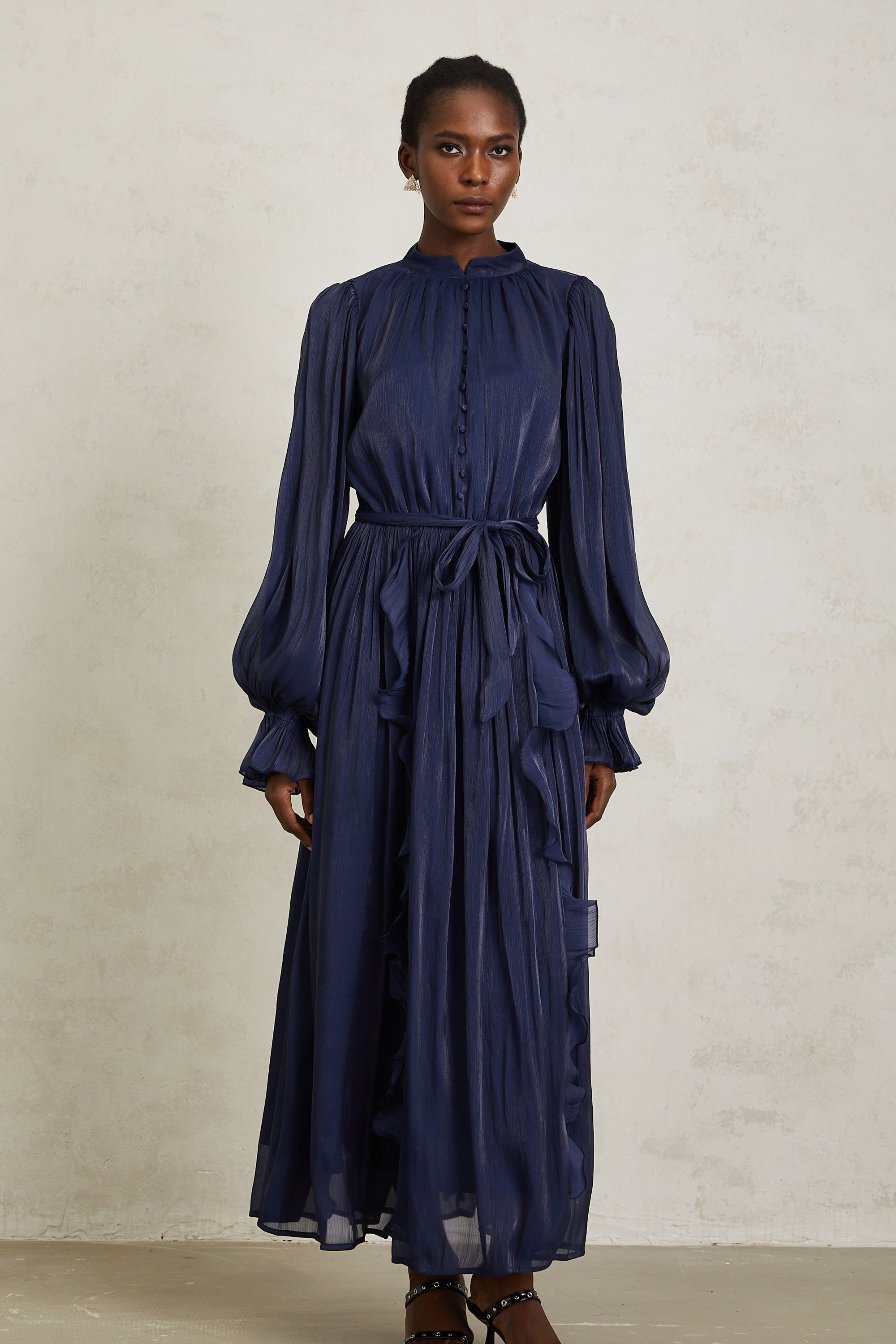 Nanette Dark Blue Glossy Pleated Maxi Dress