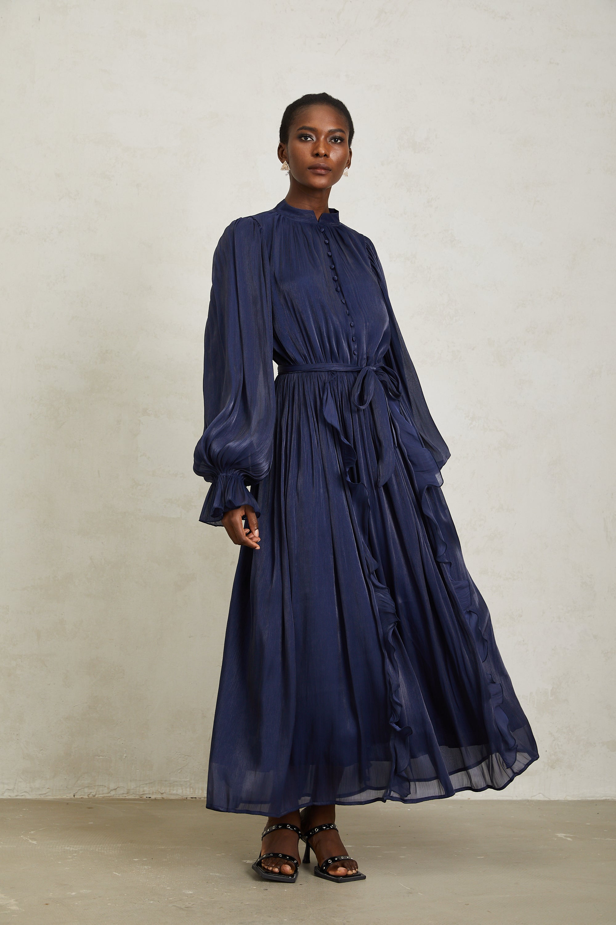 Nanette Dark Blue Glossy Pleated Maxi Dress