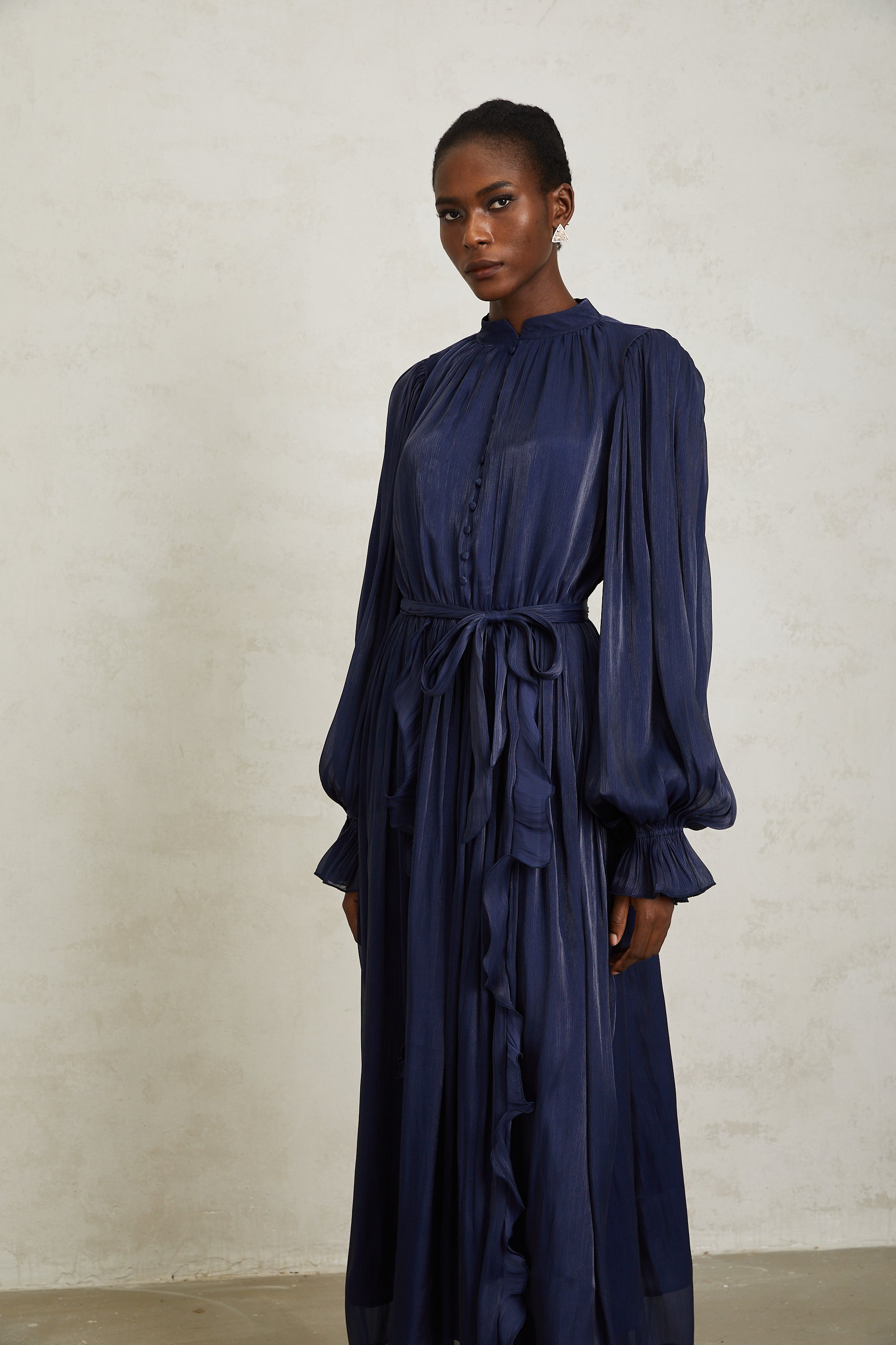 Nanette Dark Blue Glossy Pleated Maxi Dress