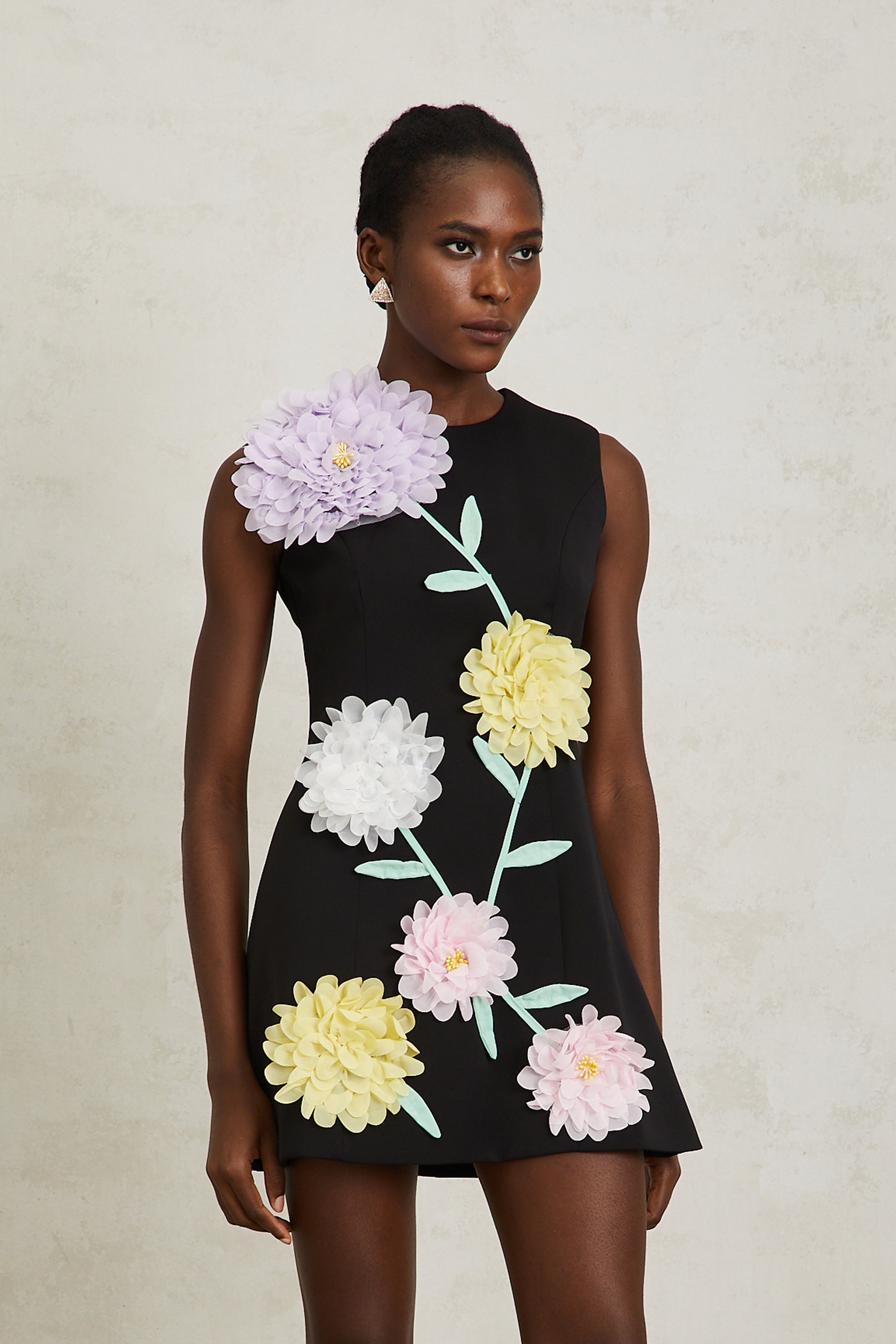 Véronique Black 3D Petal Sleeveless Mini Dress