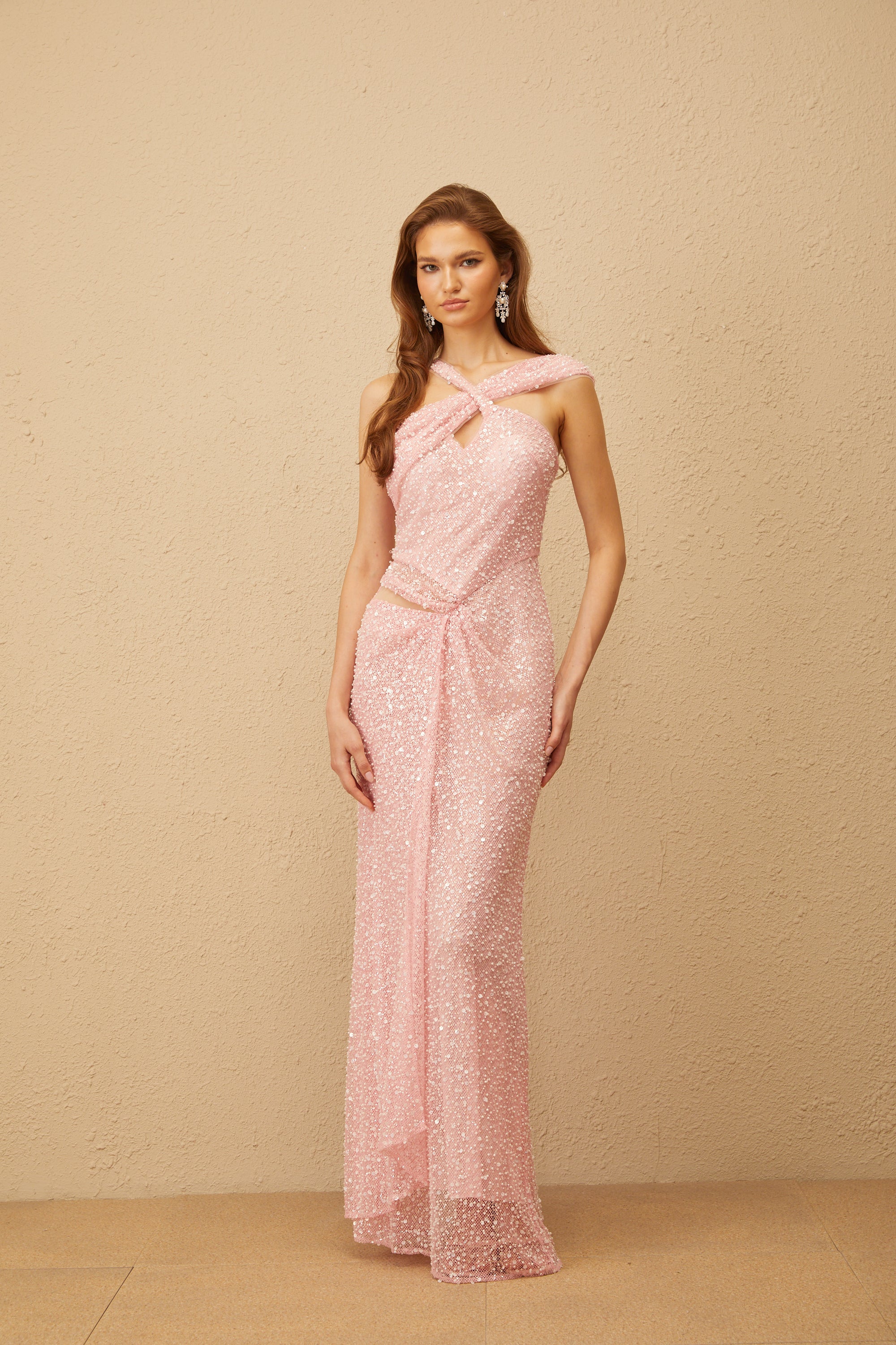 Cendrine Pink Sequined Gathered Corset Maxi Dress