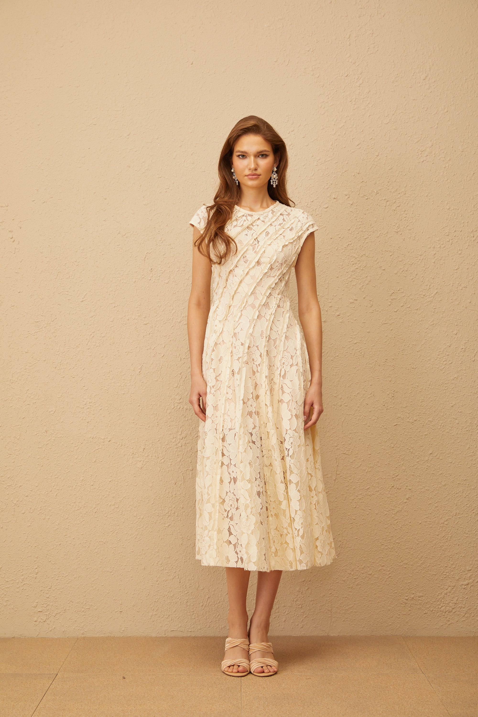 Adèle Neutral Floral Lace Midi Dress (Final Sale)