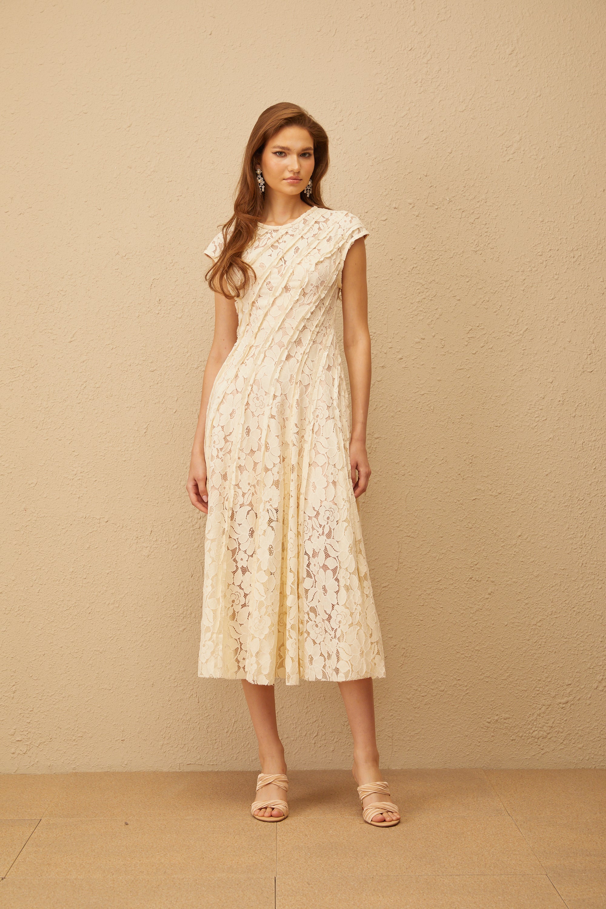 Adèle Neutral Floral Lace Midi Dress (Final Sale)