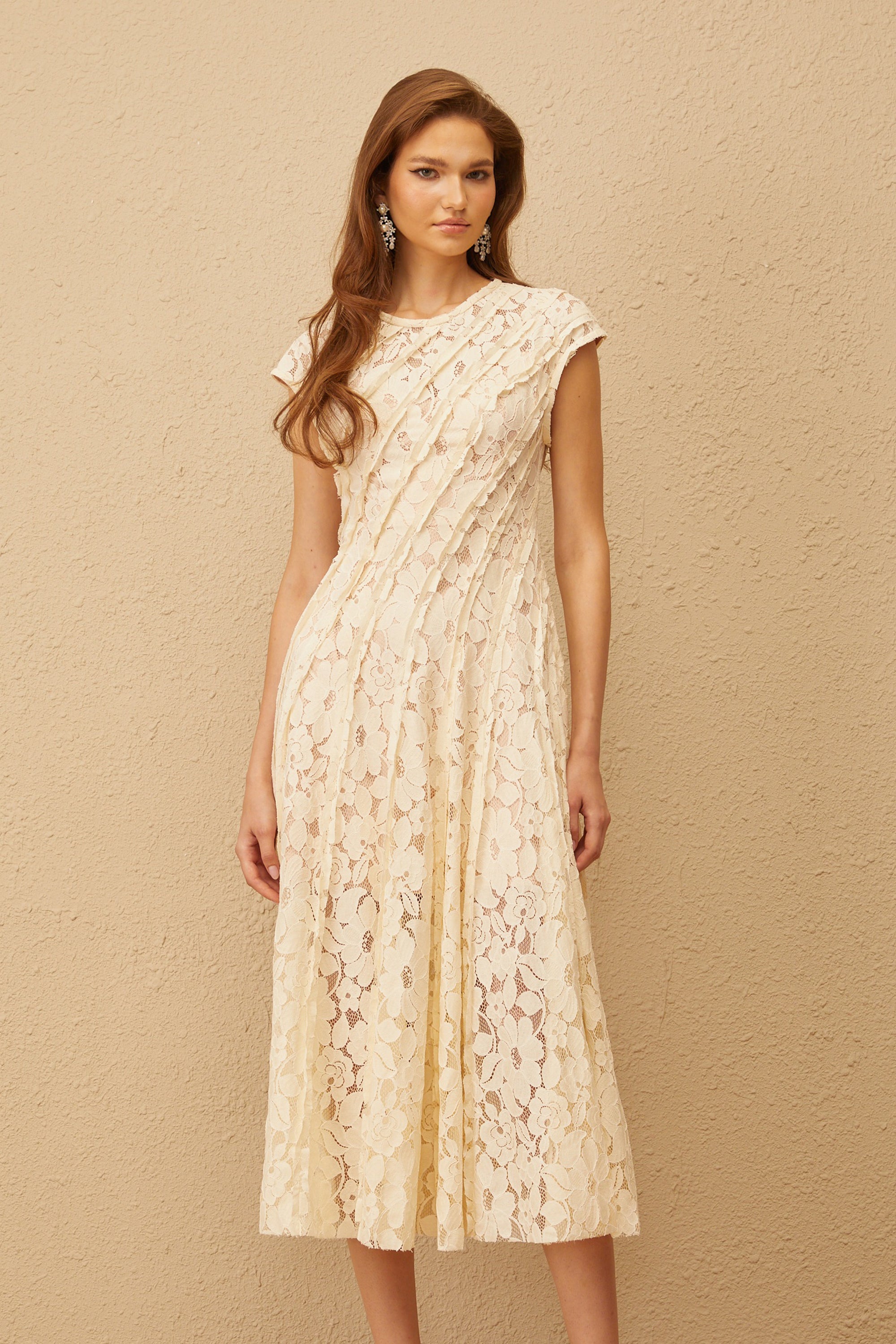 Adèle Neutral Floral Lace Midi Dress (Final Sale)