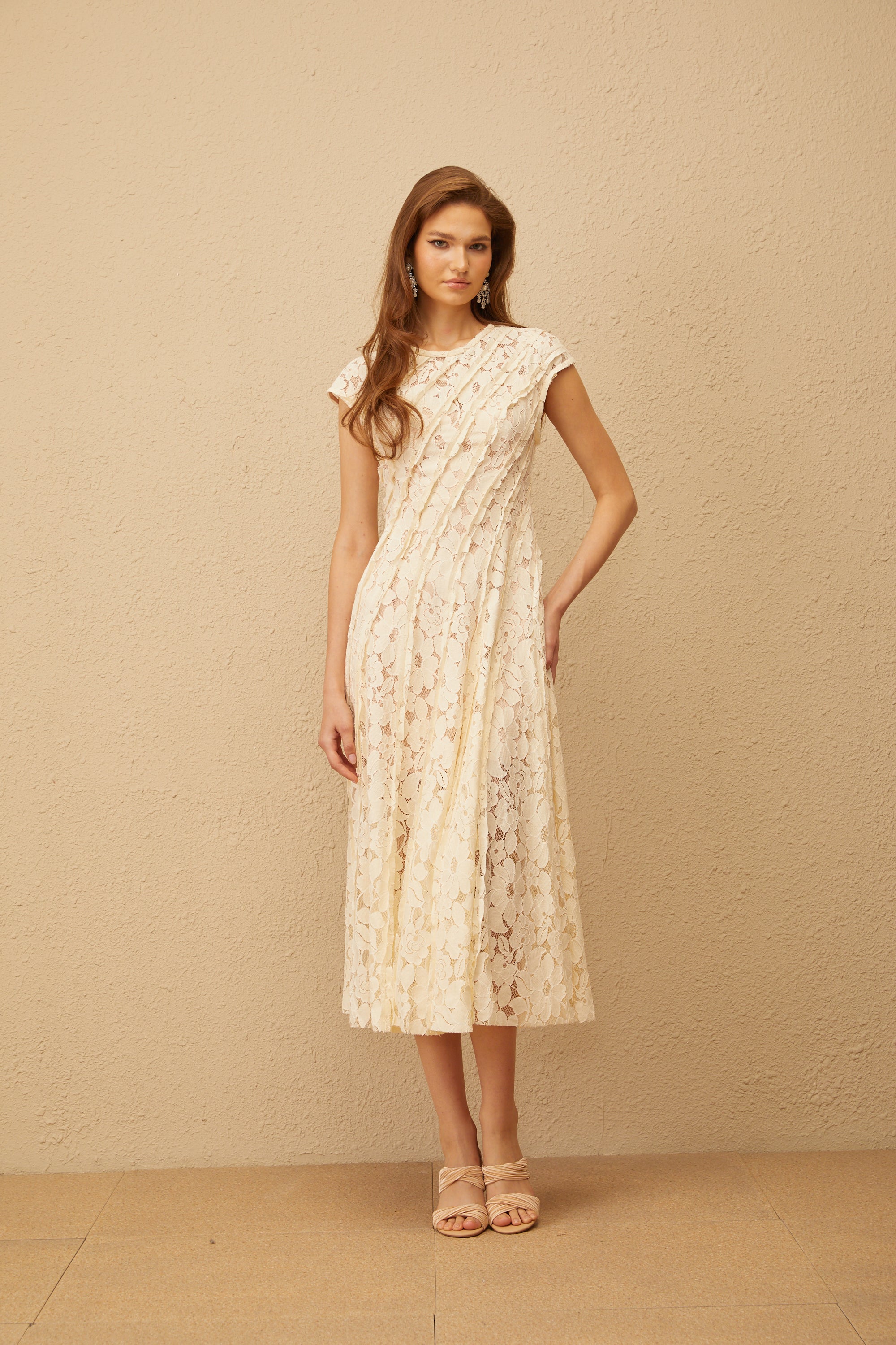 Adèle Neutral Floral Lace Midi Dress (Final Sale)