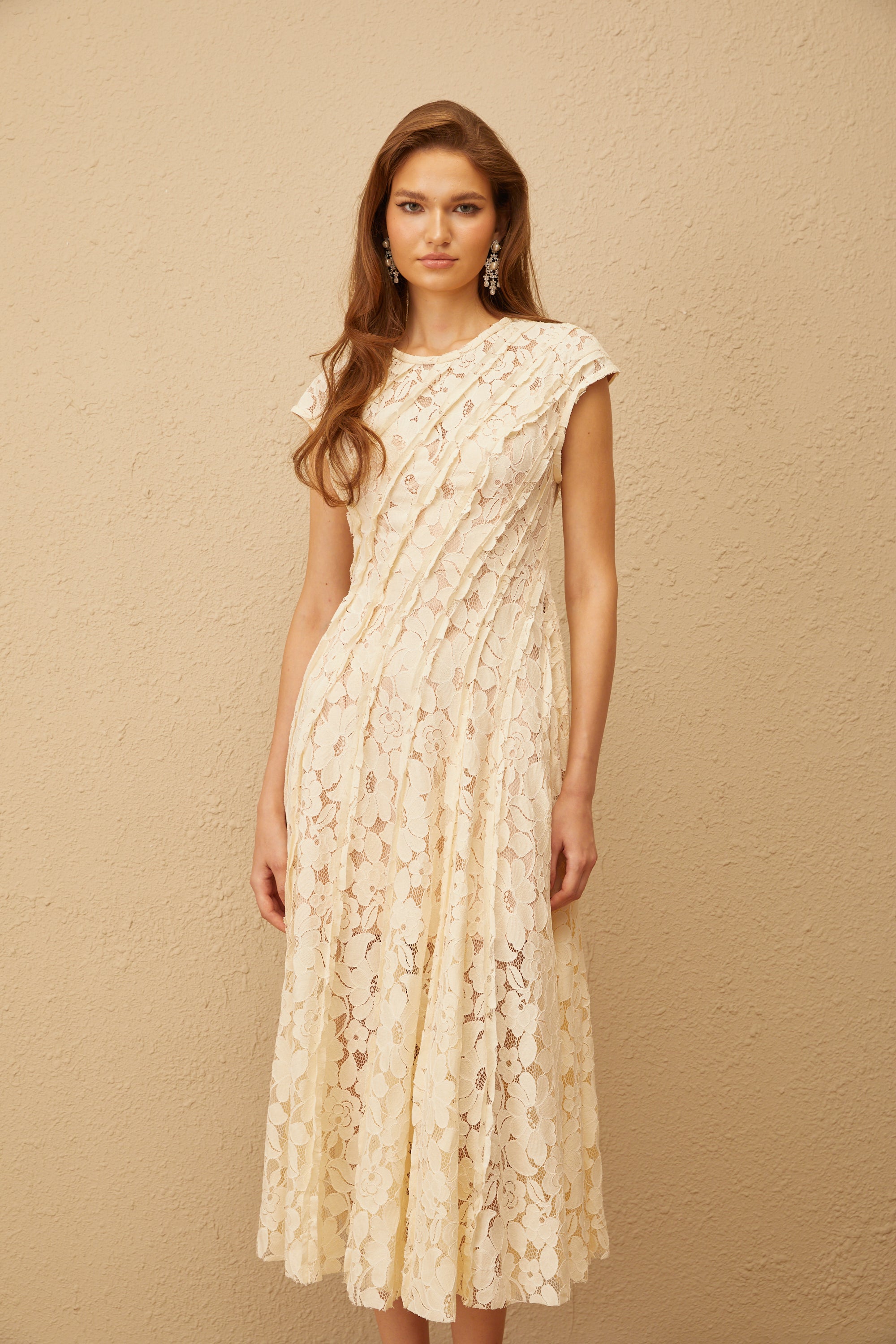 Adèle Neutral Floral Lace Midi Dress (Final Sale)