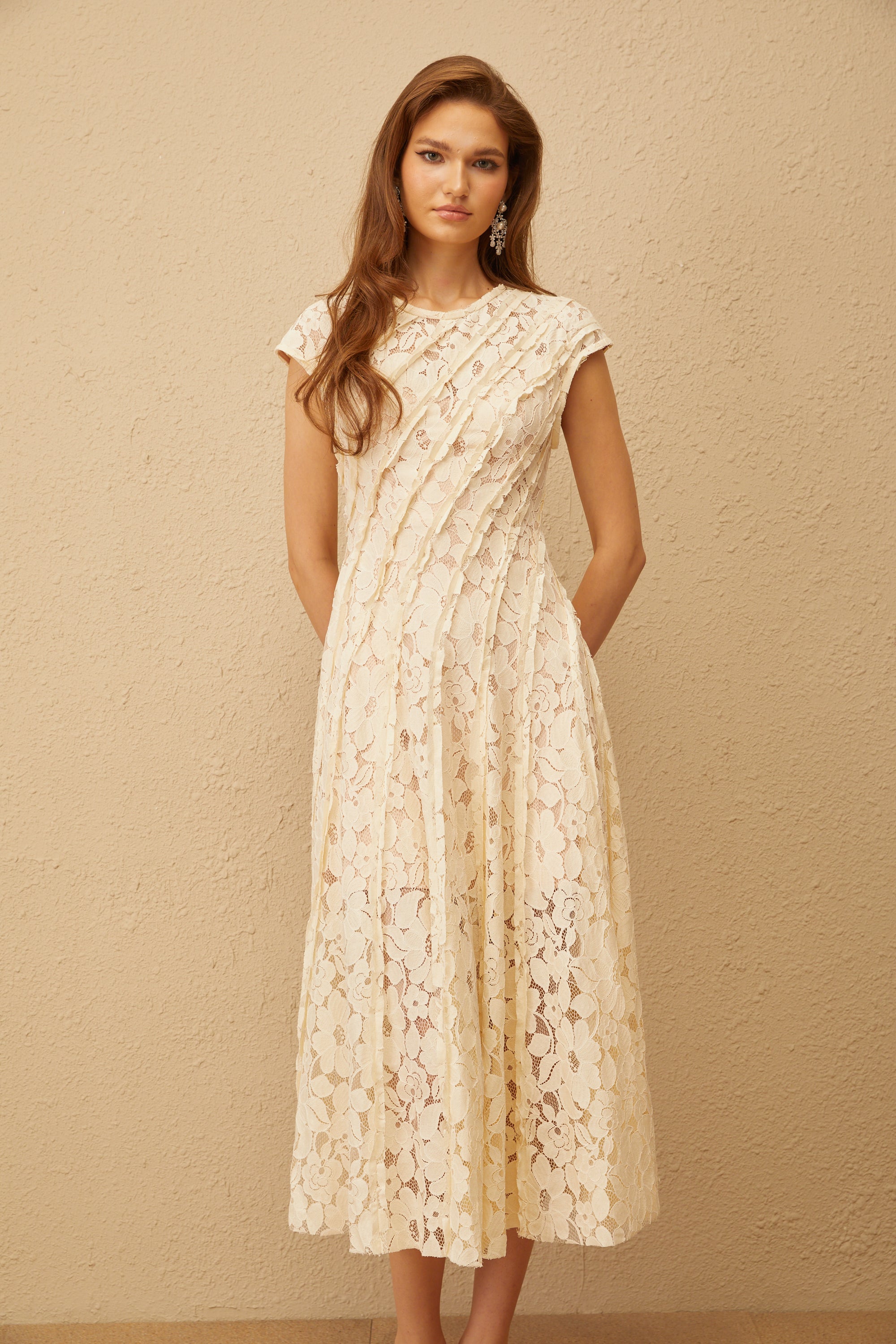 Adèle Neutral Floral Lace Midi Dress (Final Sale)