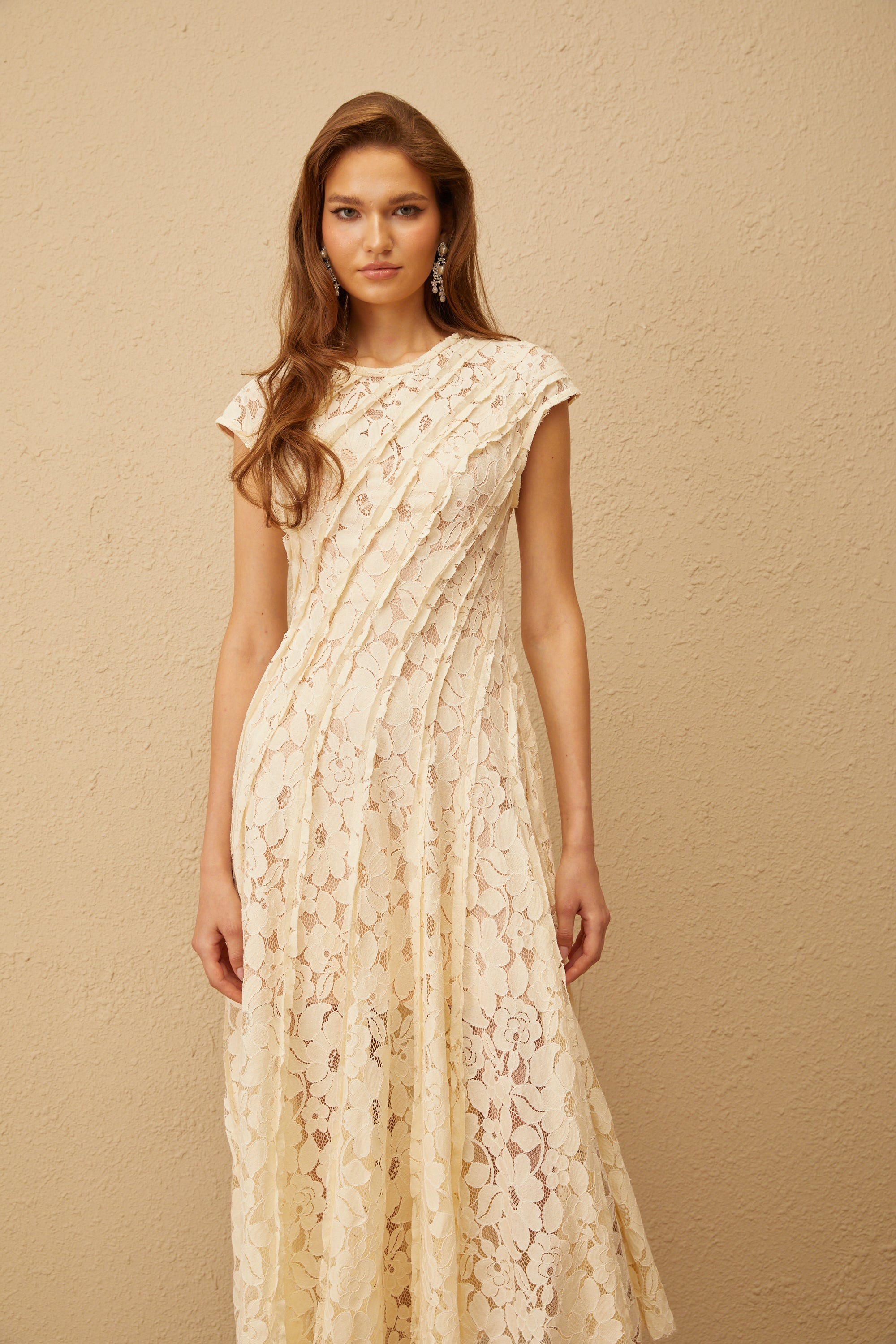 Adèle Neutral Floral Lace Midi Dress (Final Sale)