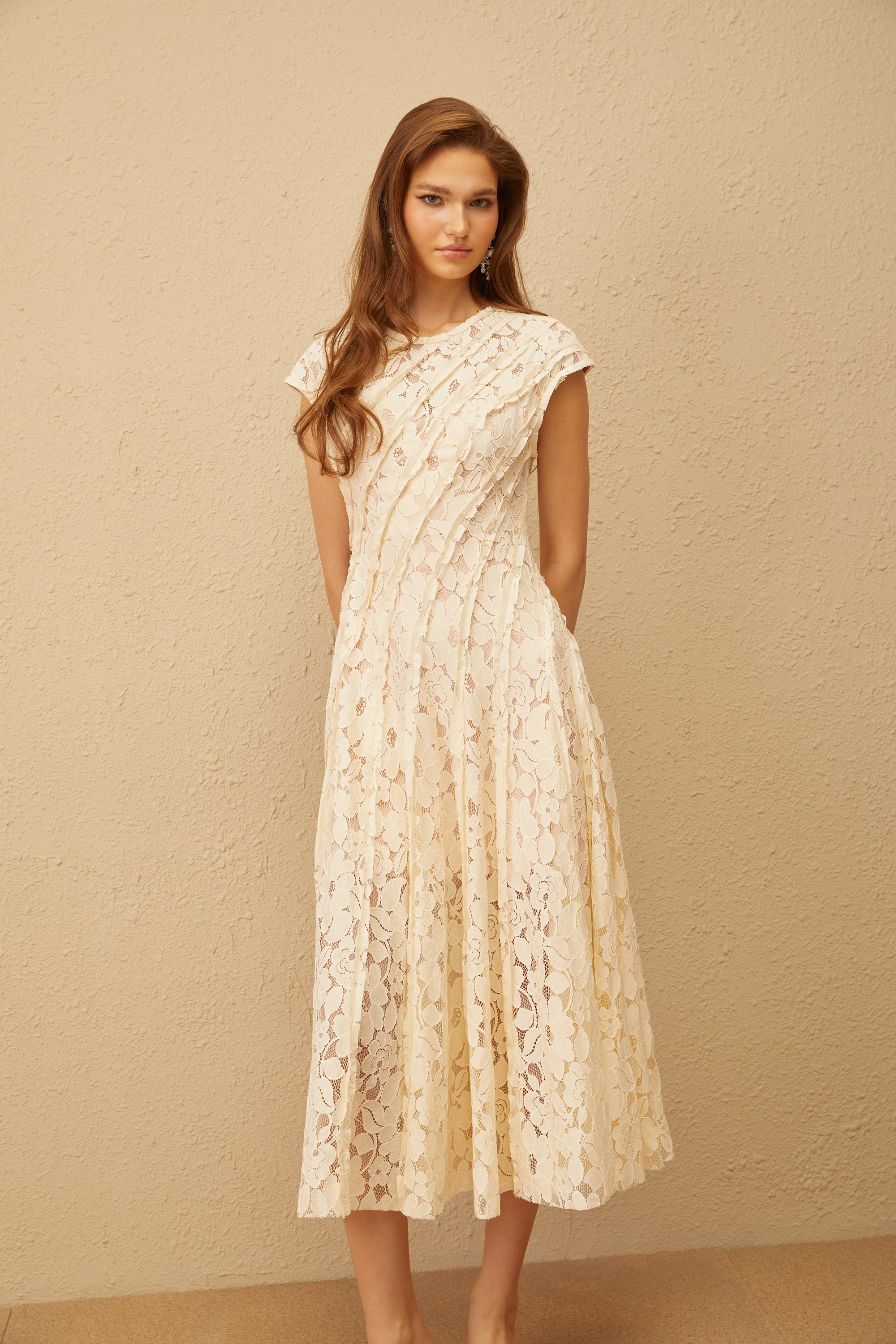 Adèle Neutral Floral Lace Midi Dress (Final Sale)