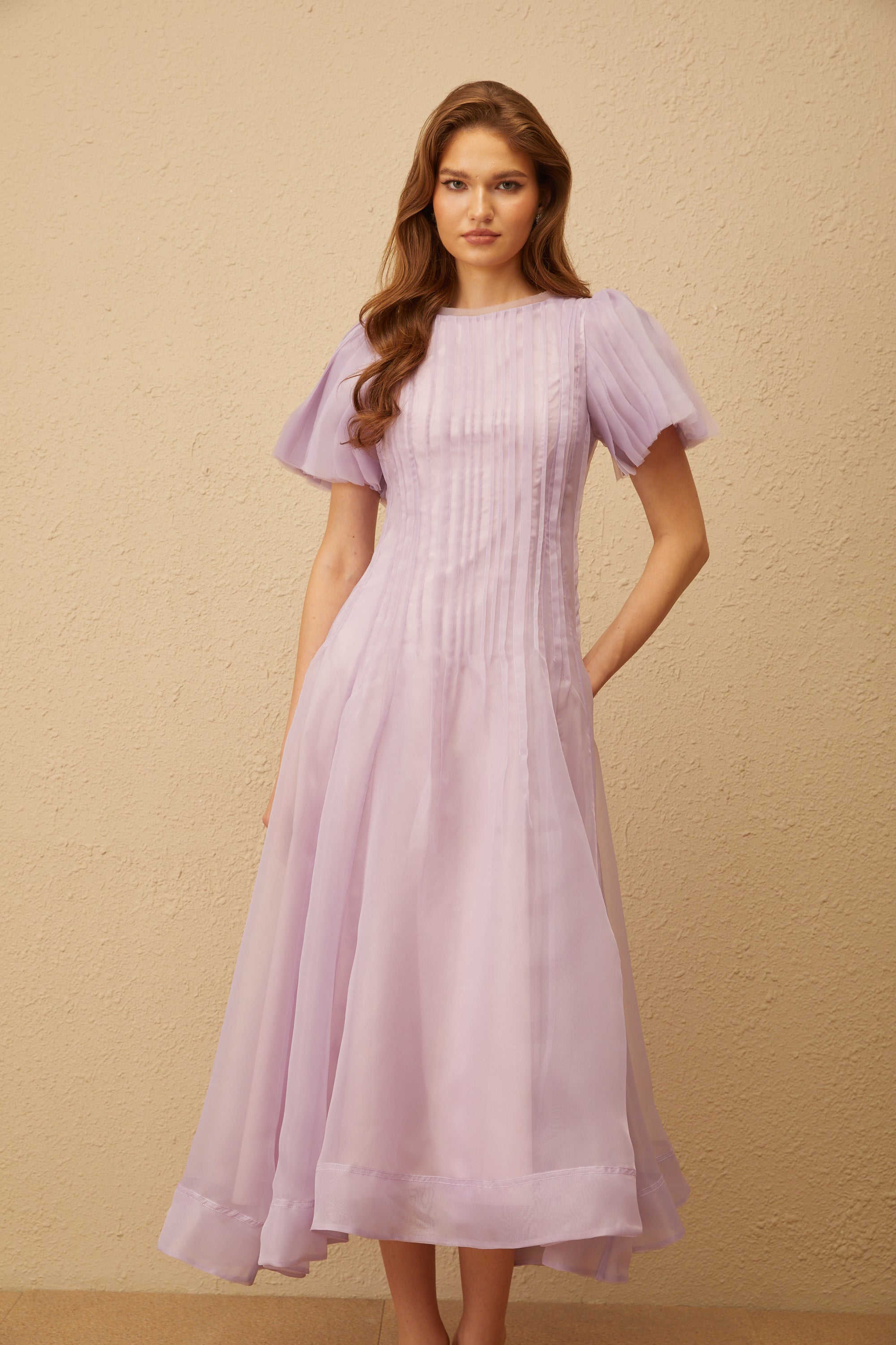 Léna Light Purple Pleated Organza Midi Dress (Final Sale-US Only)
