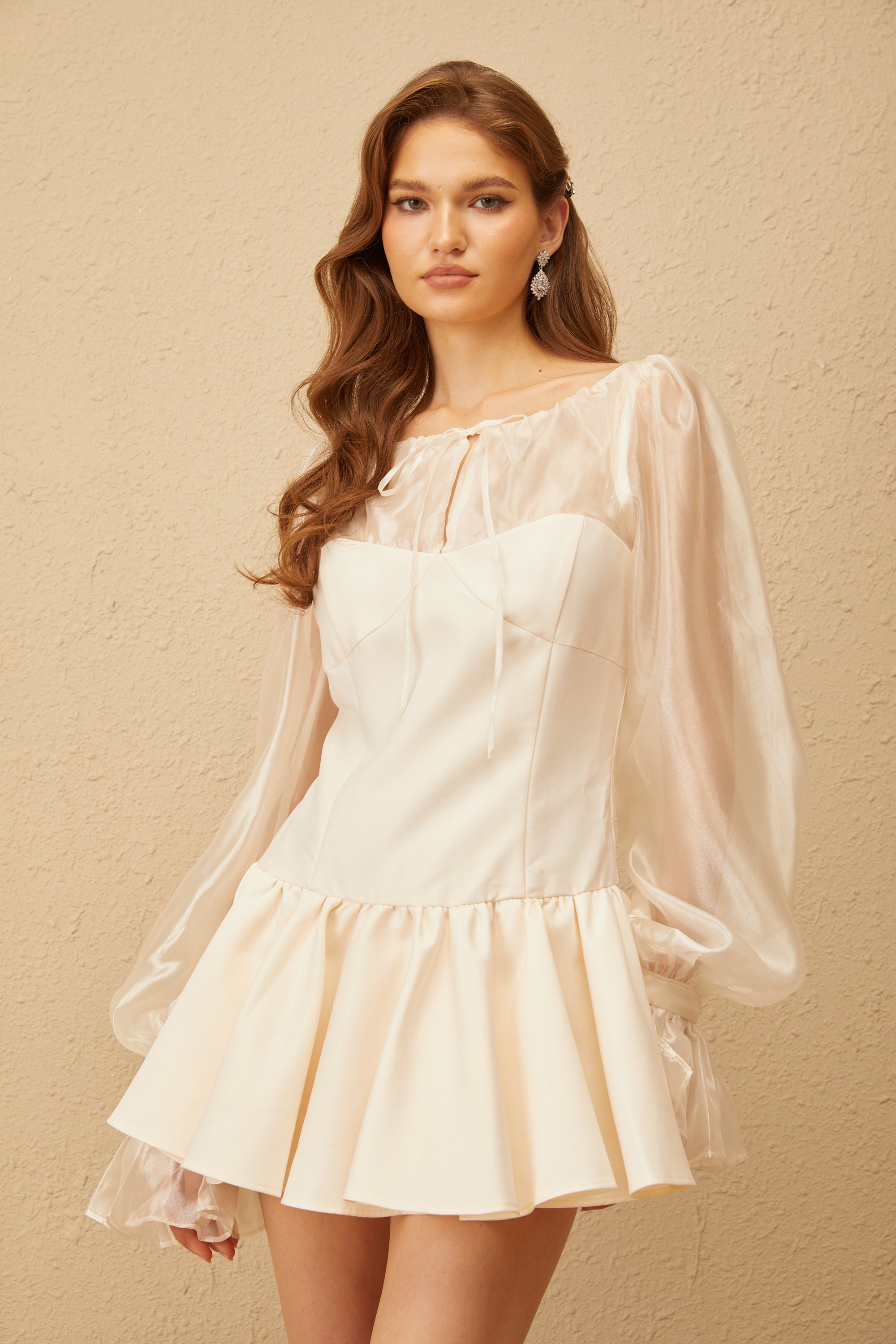 Irène Neutral Self Tie Organza Panel Mini Dress