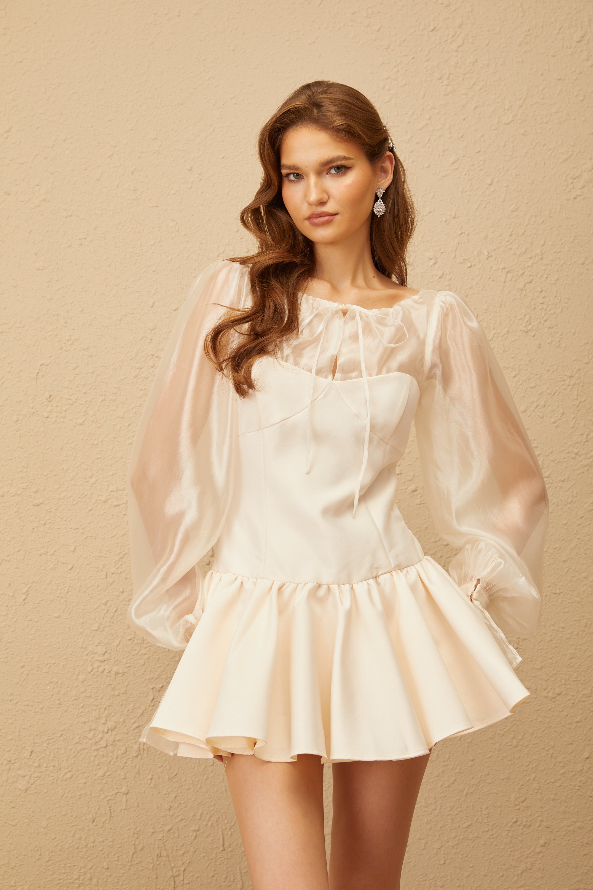 Irène Neutral Self Tie Organza Panel Mini Dress