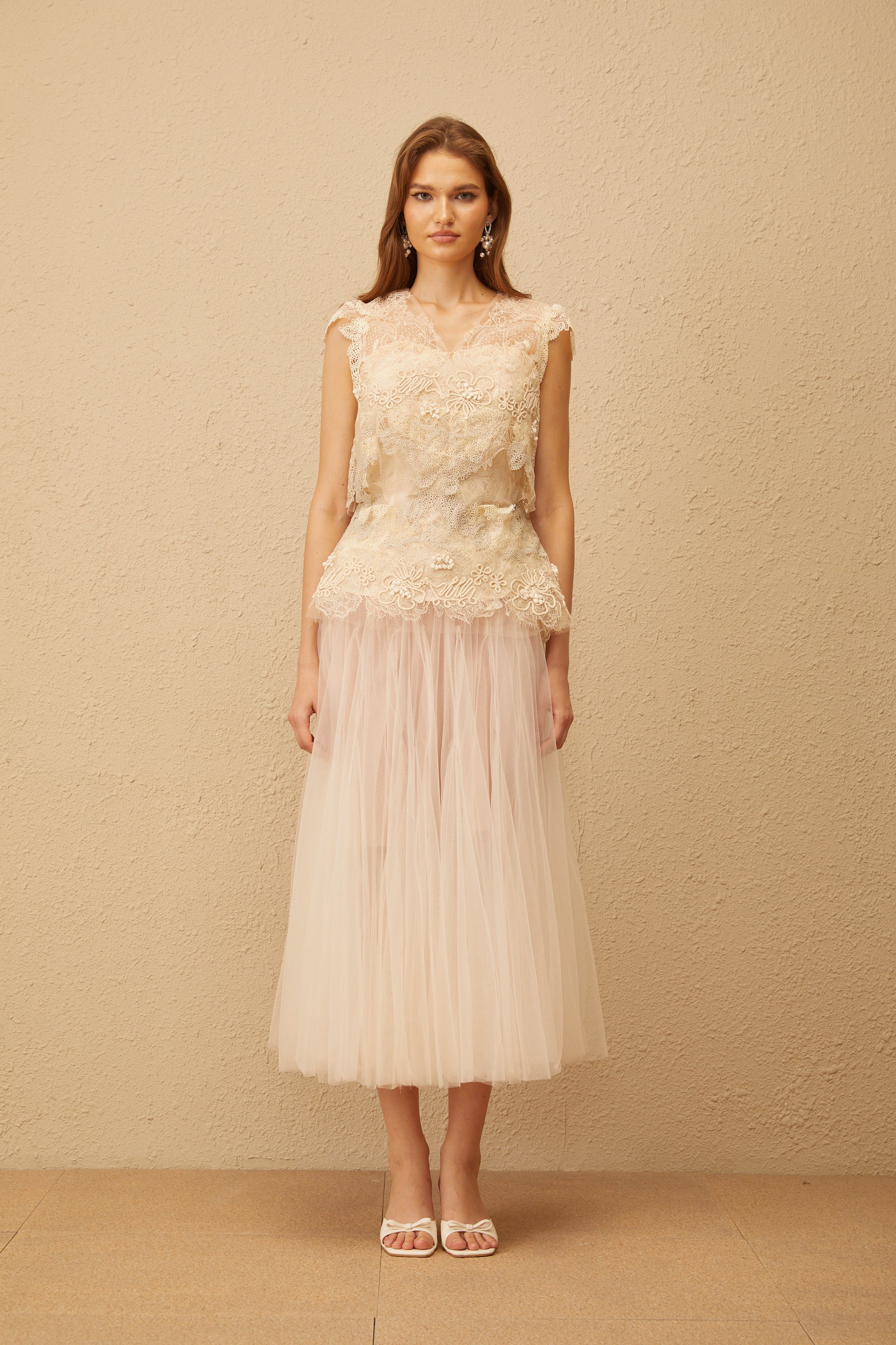 Marin Neutral Crochet Floral Tulle Top & Skirt Set