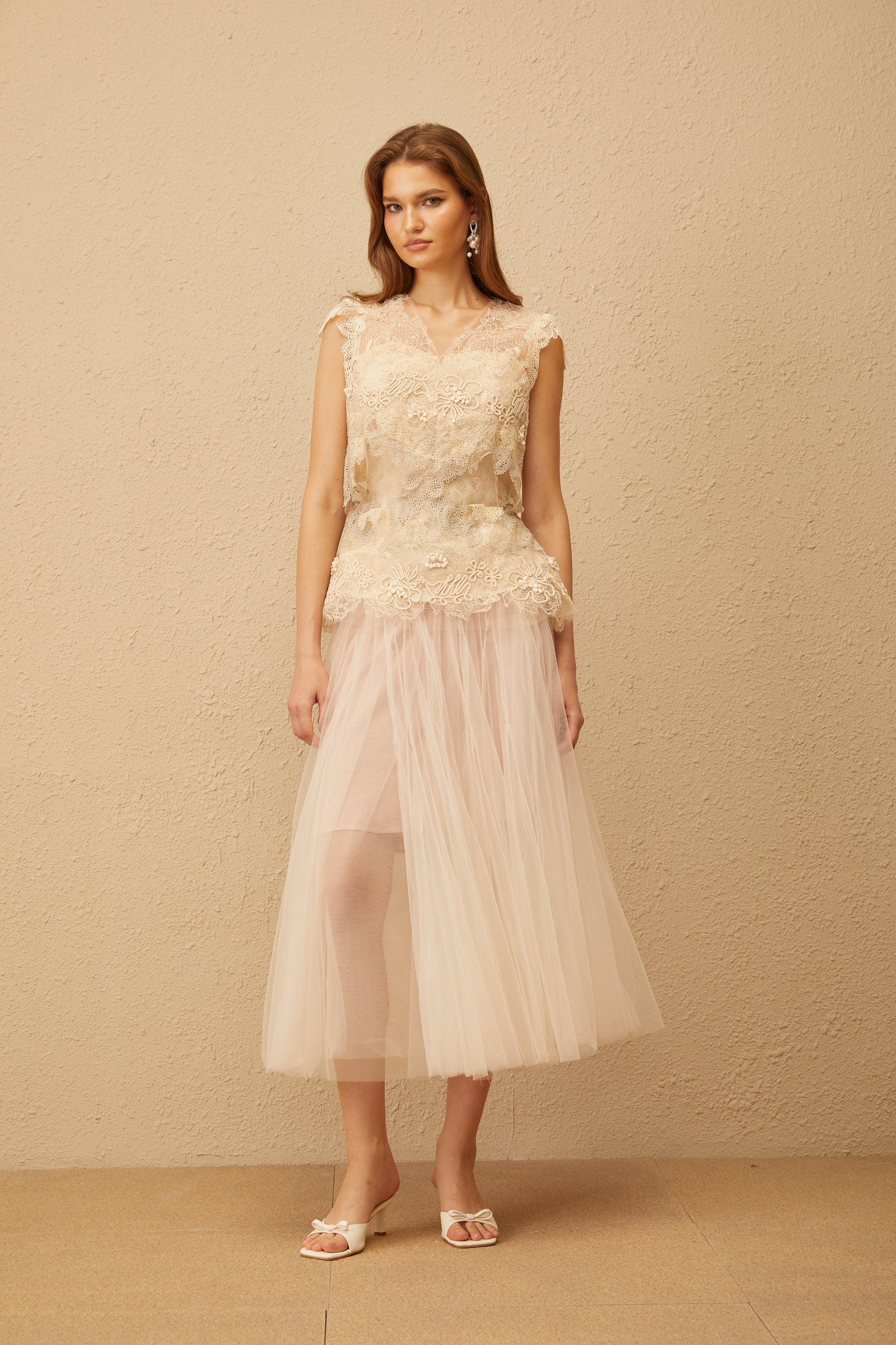 Marin Neutral Crochet Floral Tulle Top & Skirt Set