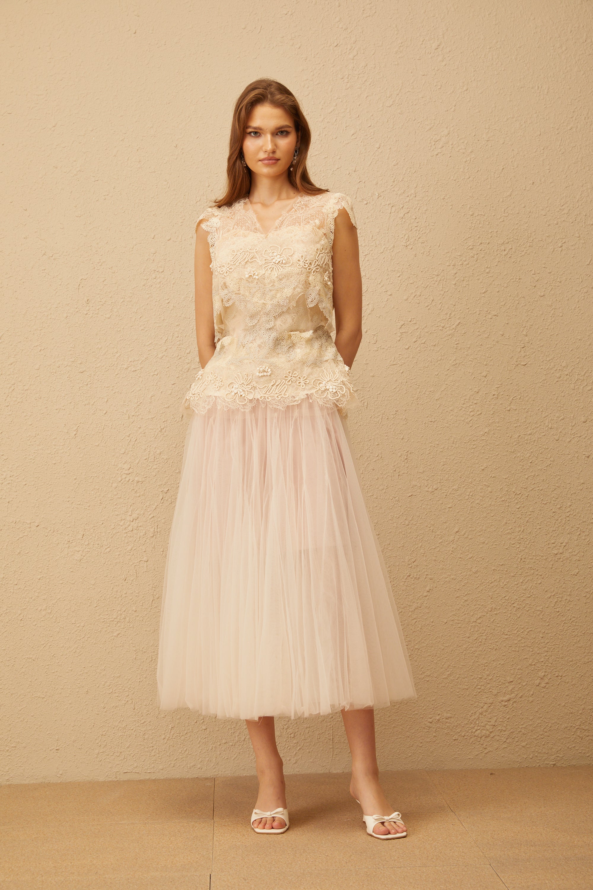 Marin Neutral Crochet Floral Tulle Top & Skirt Set