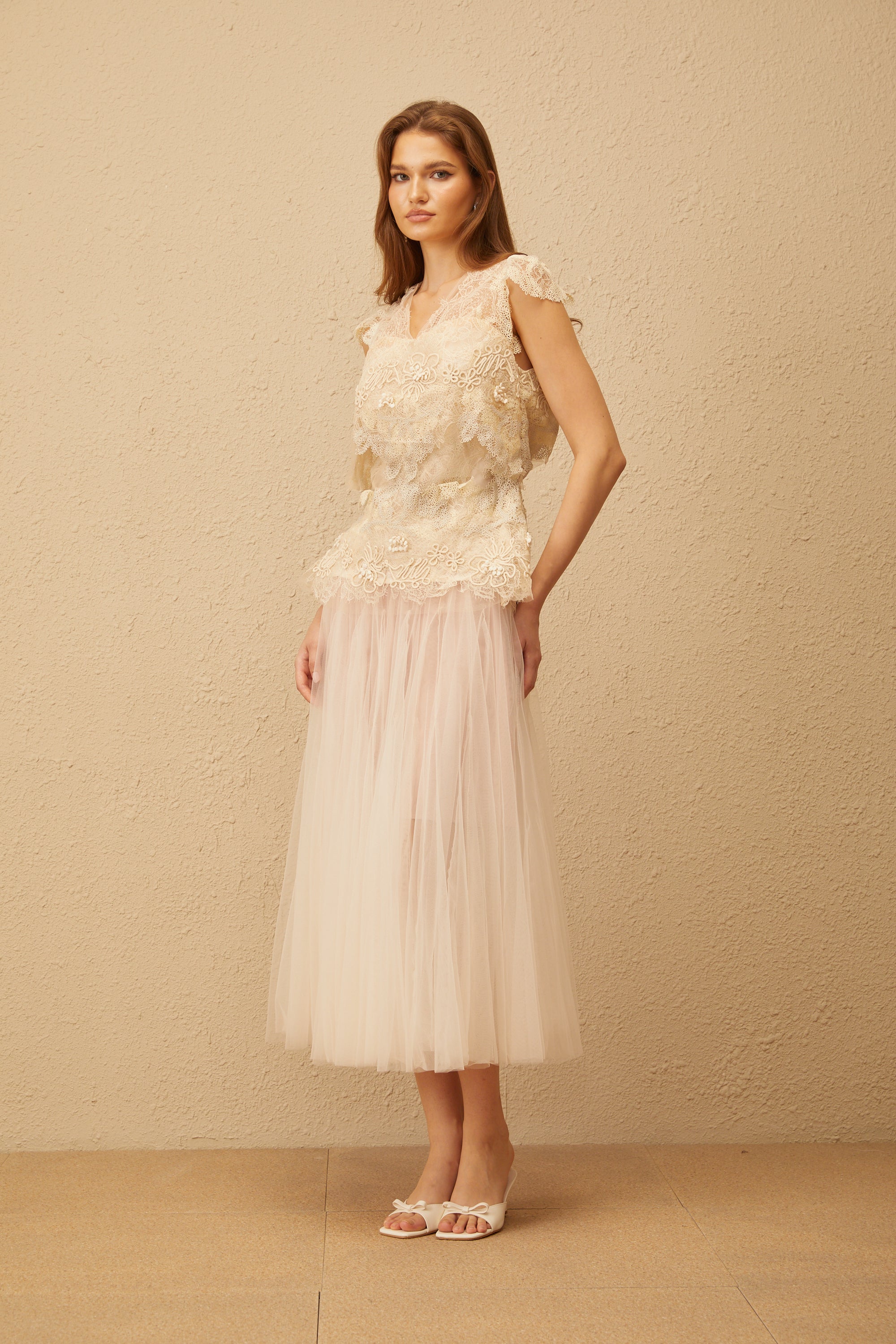 Marin Neutral Crochet Floral Tulle Top & Skirt Set