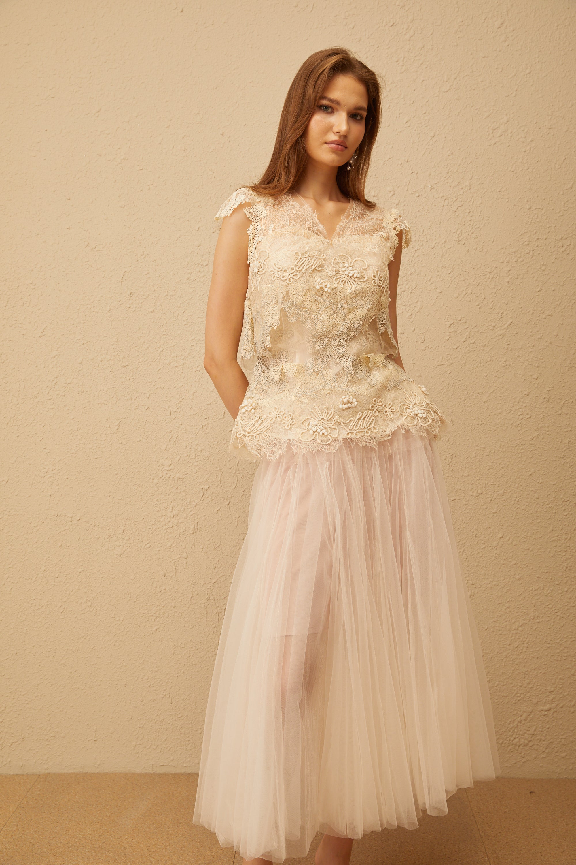 Marin Neutral Crochet Floral Tulle Top & Skirt Set