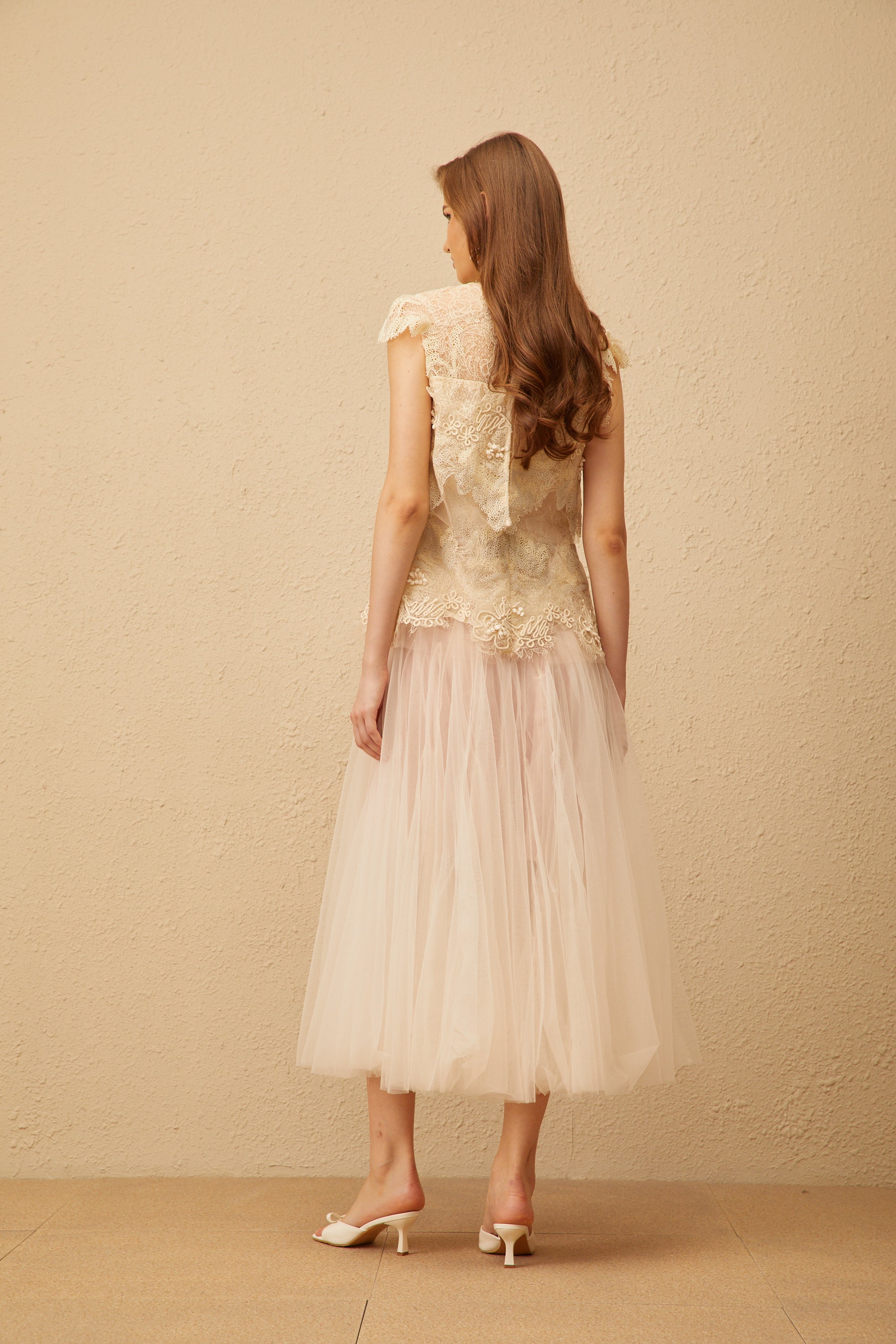 Marin Neutral Crochet Floral Tulle Top & Skirt Set