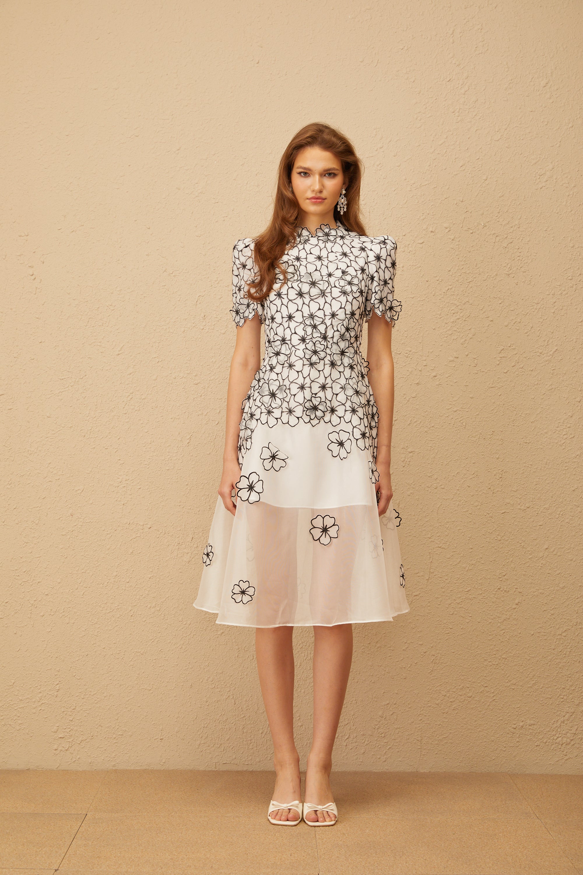 Yaelle White Floral Appliqué Tulle Midi Dress