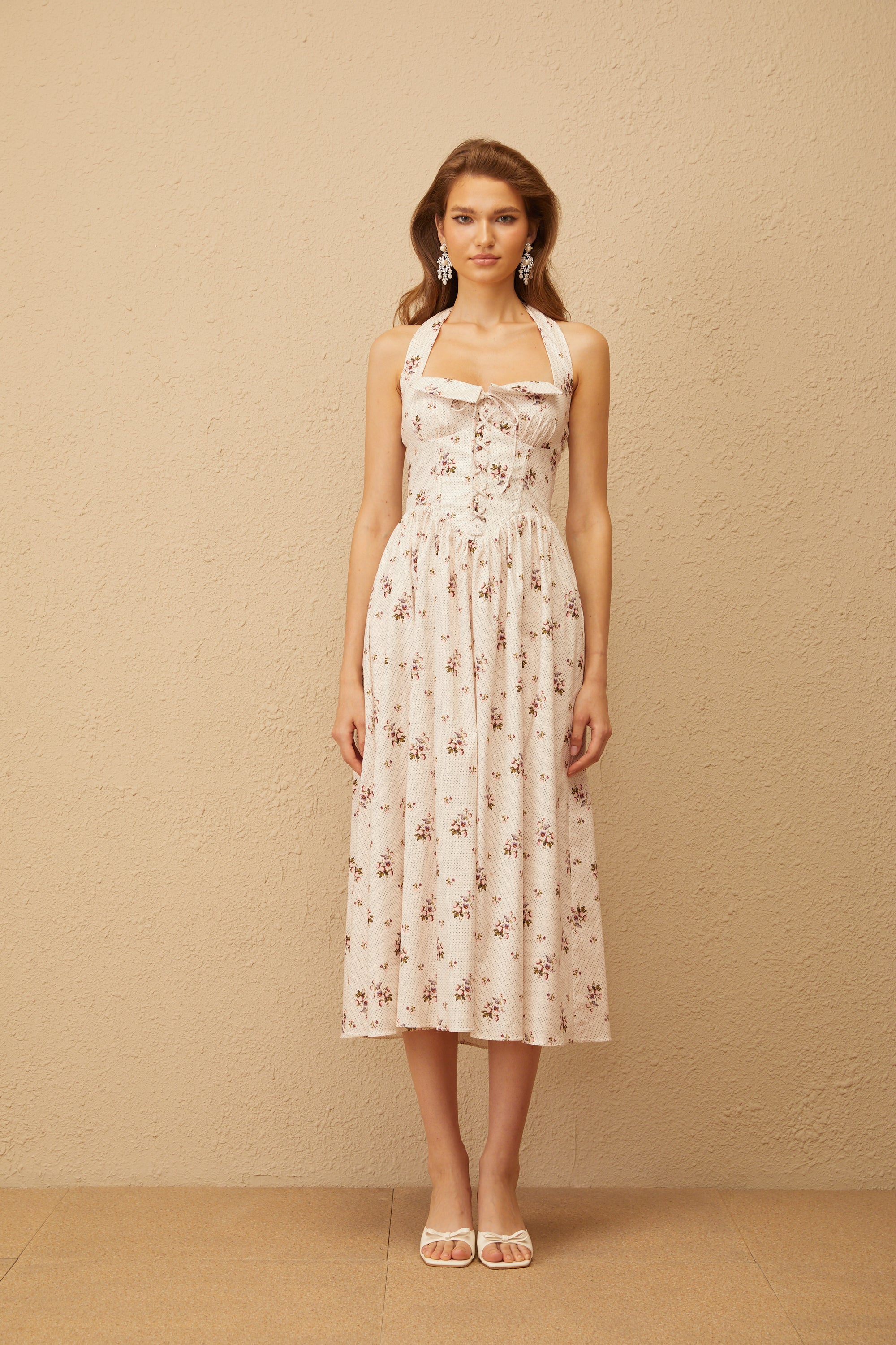 Eugénie White Polka Dot Floral Midi Dress